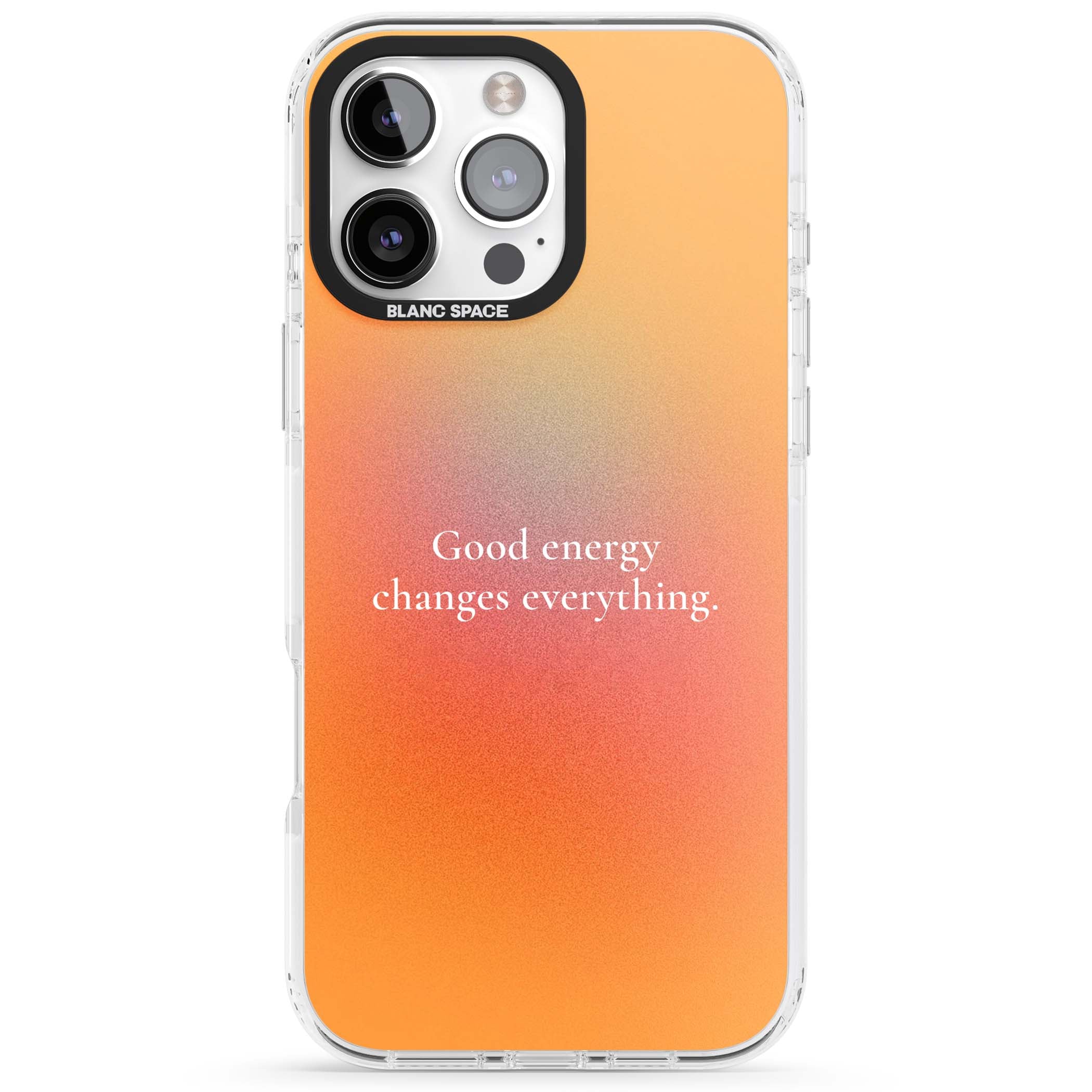 Good Energy quote iPhone case featuring an orange and pink aura gradient with white serif affirmation text | Clear Impact case for iPhone 16 Pro, iPhone 16 Pro Max