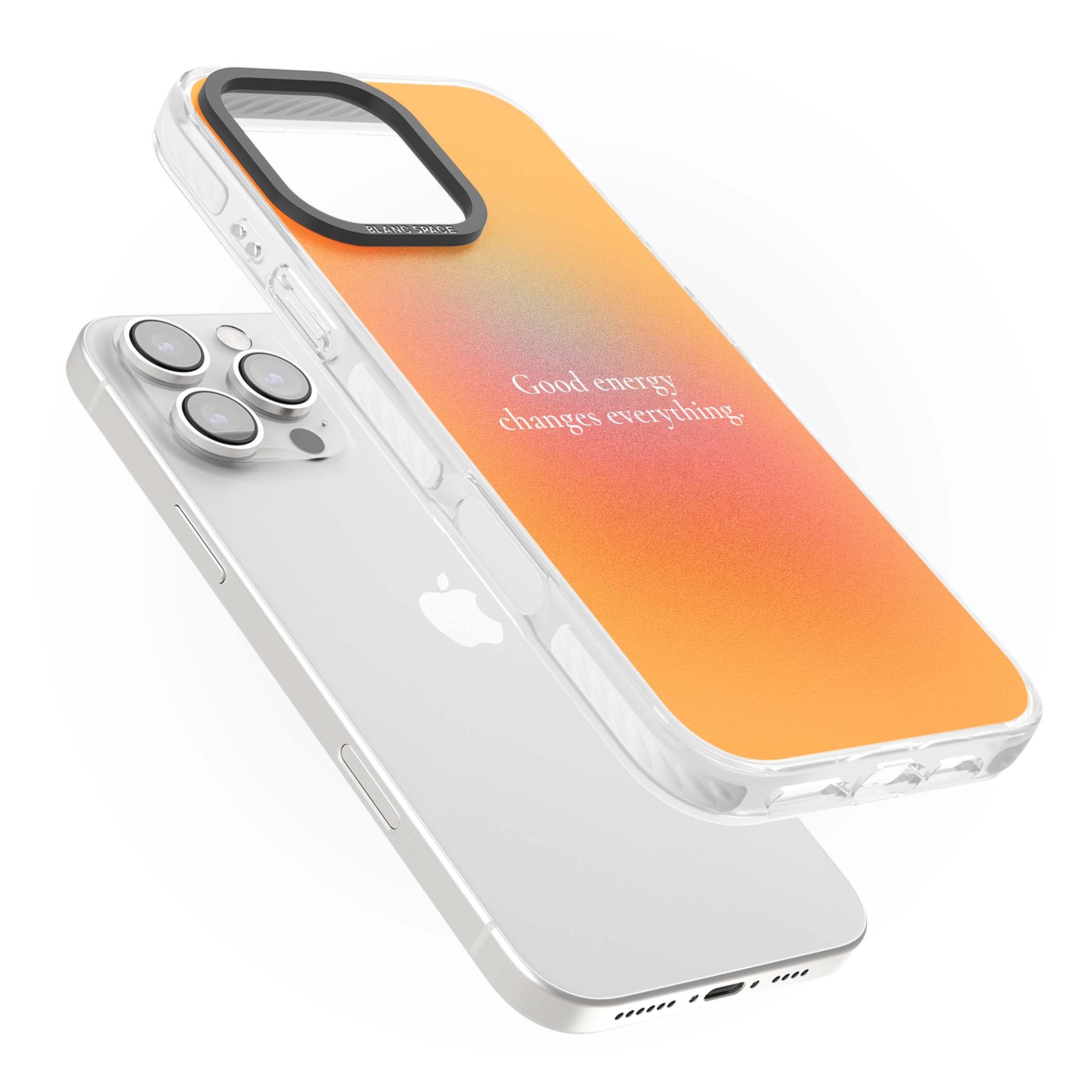 Good Energy quote iPhone case featuring an orange and pink aura gradient with white serif affirmation text | Clear Impact case for iPhone 16 Pro, iPhone 16 Pro Max