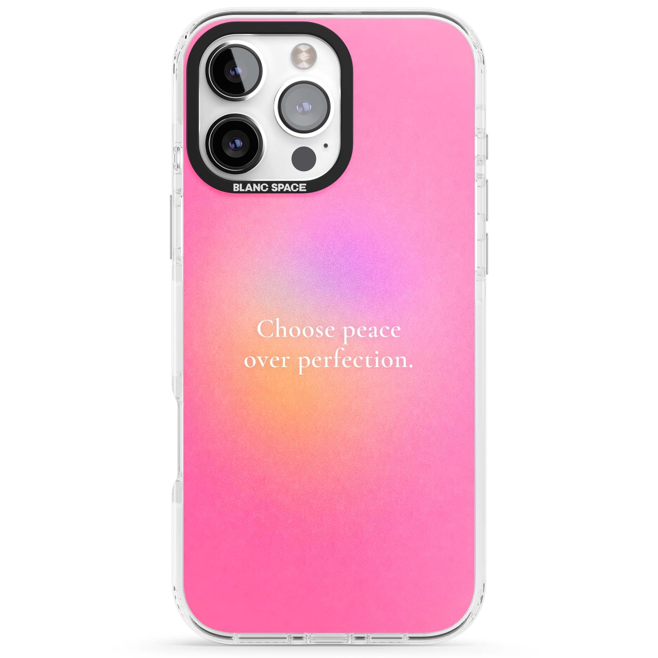 Peace Over Perfection quote iPhone case featuring a dreamy pink aura gradient and delicate white affirmation text | Clear Impact case for iPhone 16 Pro, iPhone 16 Pro Max