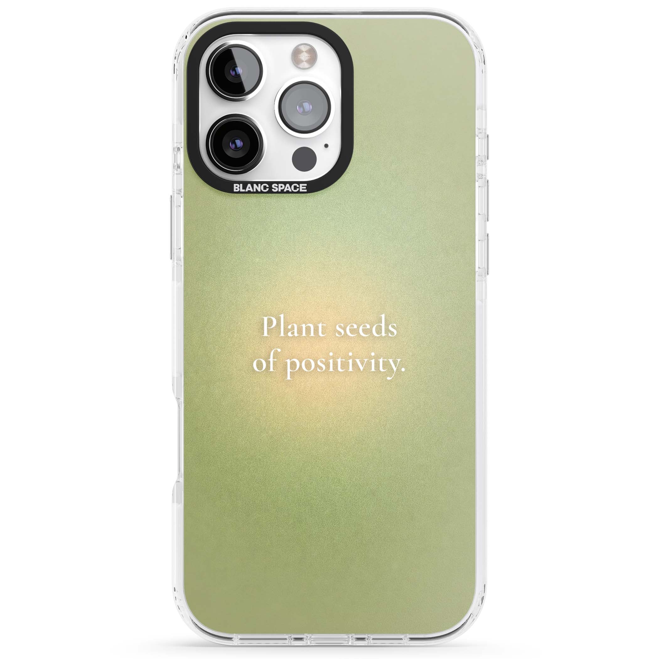 Seeds of Positivity quote iPhone case featuring a sage green aura gradient and golden glow affirmation | Clear Impact case for iPhone 16 Pro, iPhone 16 Pro Max