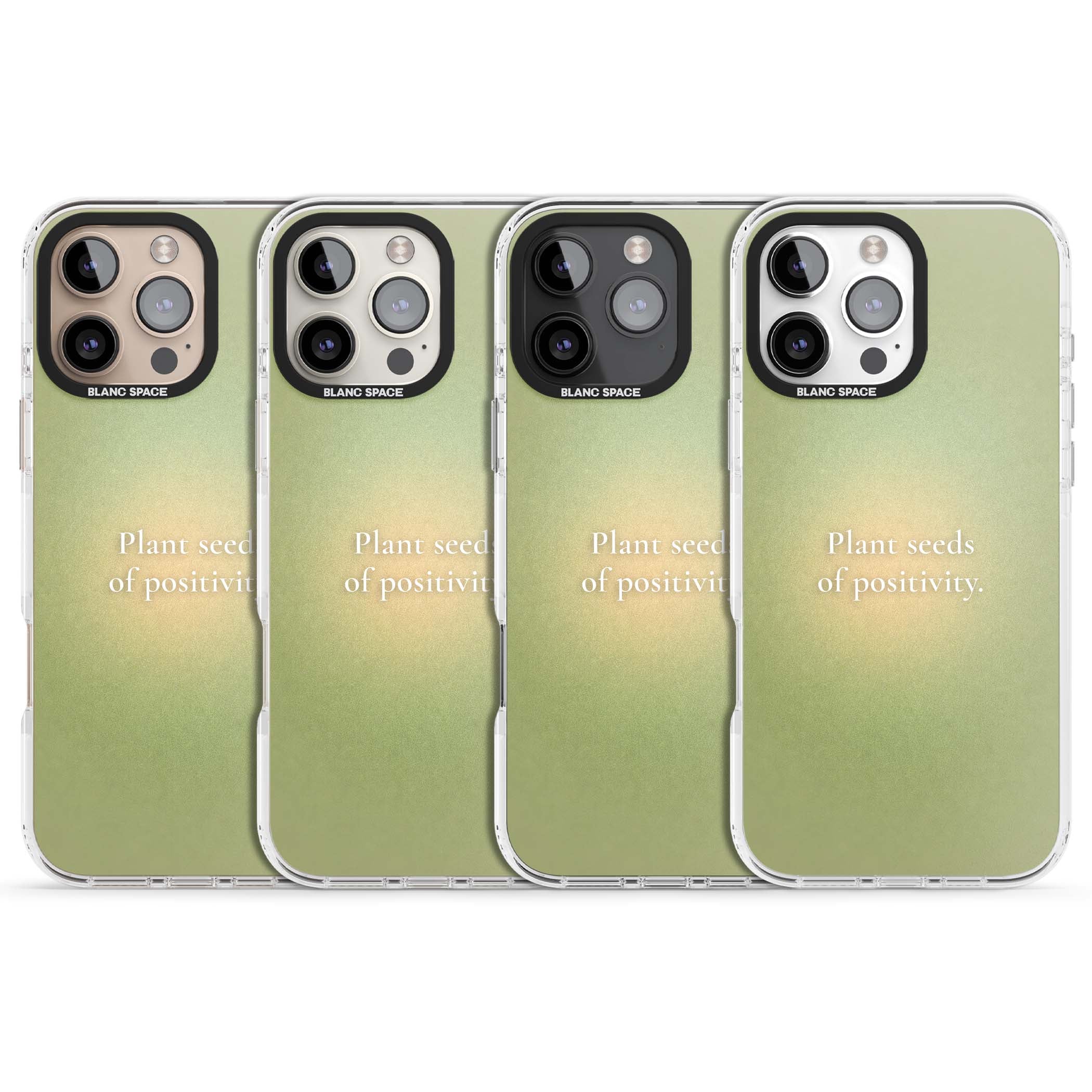 Seeds of Positivity quote iPhone case featuring a sage green aura gradient and golden glow affirmation | Clear Impact case for iPhone 16 Pro, iPhone 16 Pro Max