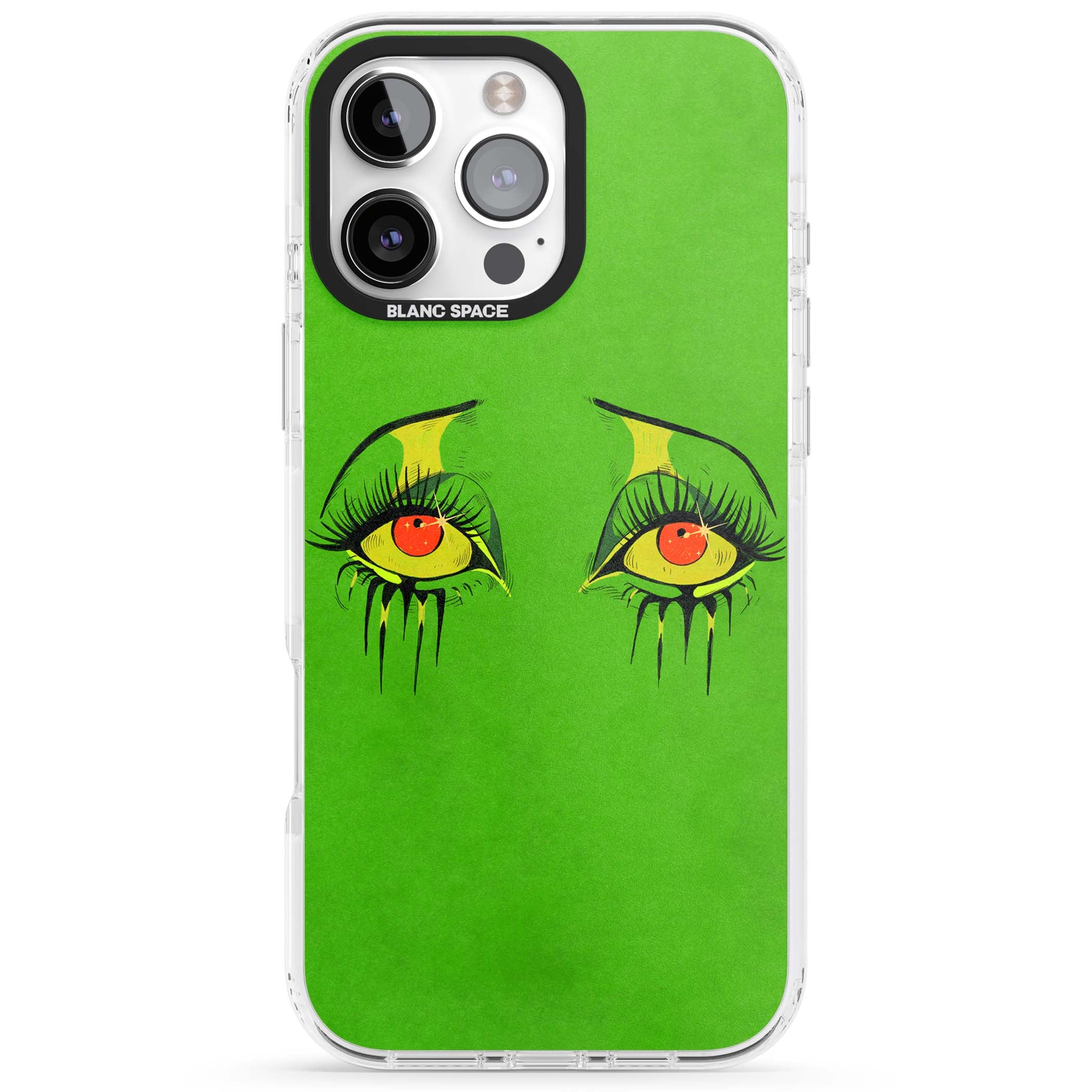 Green Enchanted Eyes psychedelic art iPhone case featuring hand-drawn dripping eyes on neon green background | Clear Impact case for iPhone 16 Pro, iPhone 16 Pro Max
