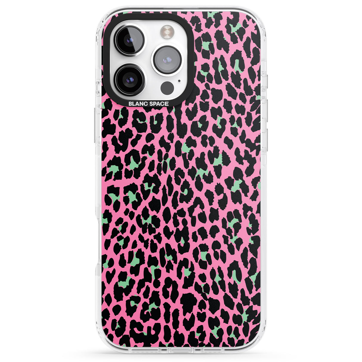 iPhone 16 Pro Max Green on Pink Leopard Print Pattern Black Impact Phone Case