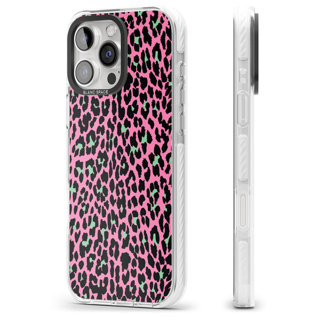 iPhone 16 Pro Max Green on Pink Leopard Print Pattern Black Impact Phone Case