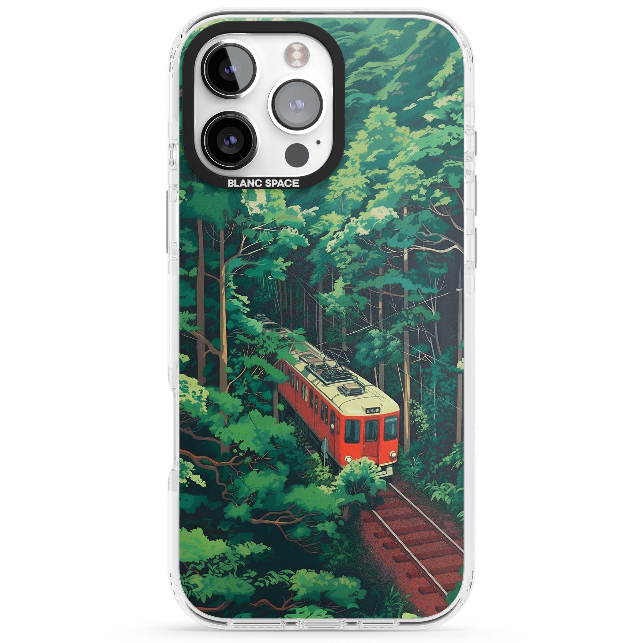 Railway In Toyama Japanese iPhone case featuring a red train, cedar forest and winding mountain railway tracks | Clear Impact case for iPhone 16 Pro, iPhone 16 Pro Max