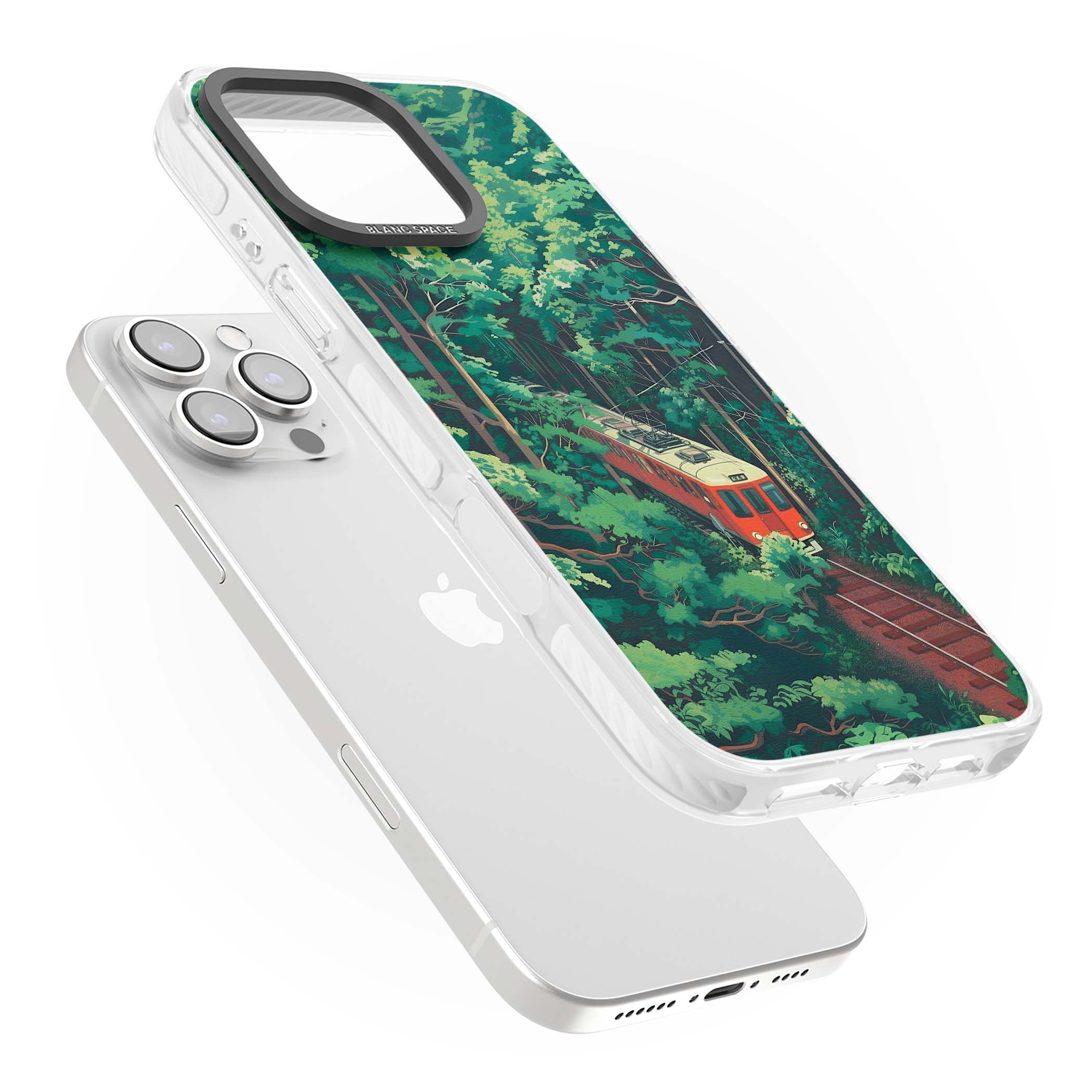 Railway In Toyama Japanese iPhone case featuring a red train, cedar forest and winding mountain railway tracks | Clear Impact case for iPhone 16 Pro, iPhone 16 Pro Max
