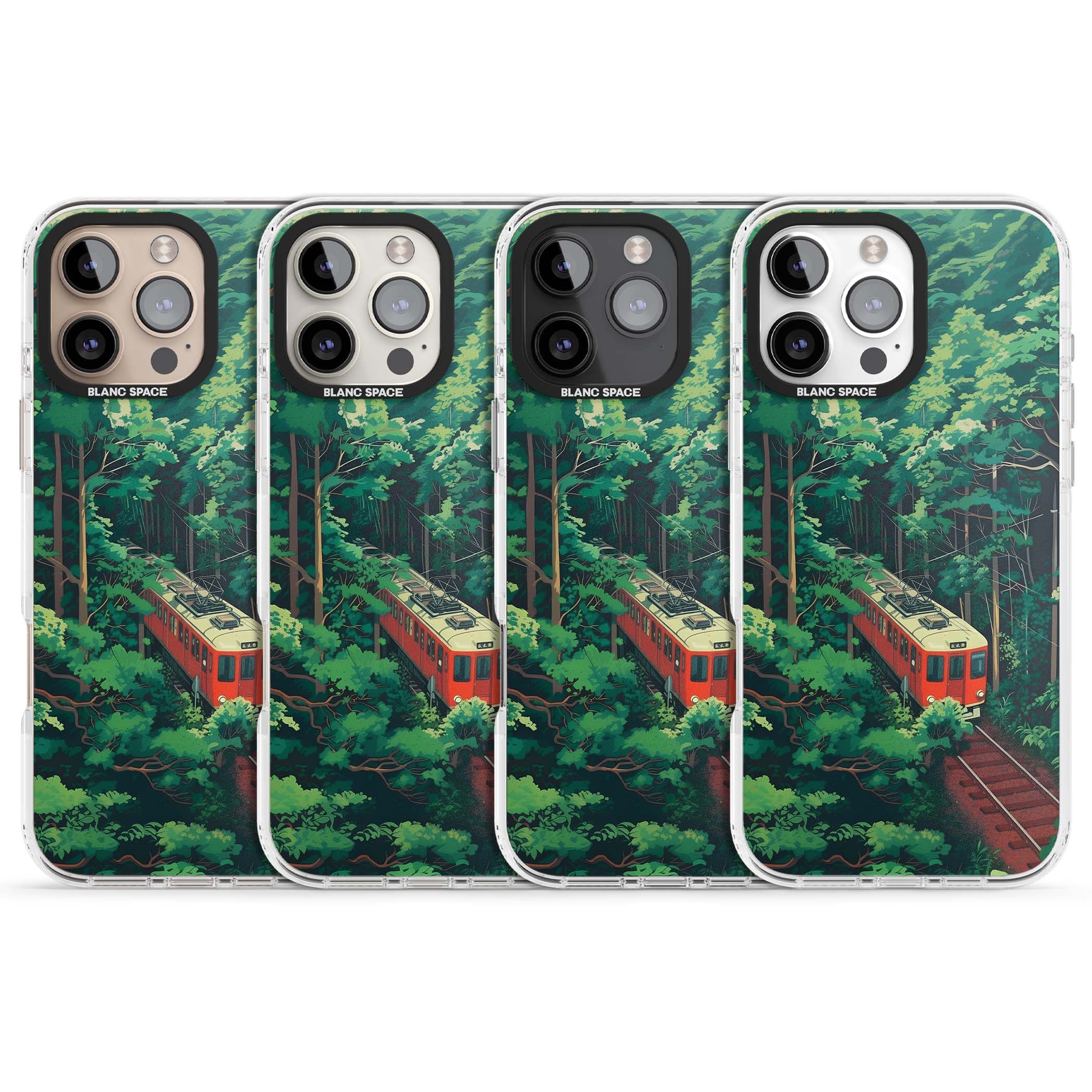 Railway In Toyama Japanese iPhone case featuring a red train, cedar forest and winding mountain railway tracks | Clear Impact case for iPhone 16 Pro, iPhone 16 Pro Max