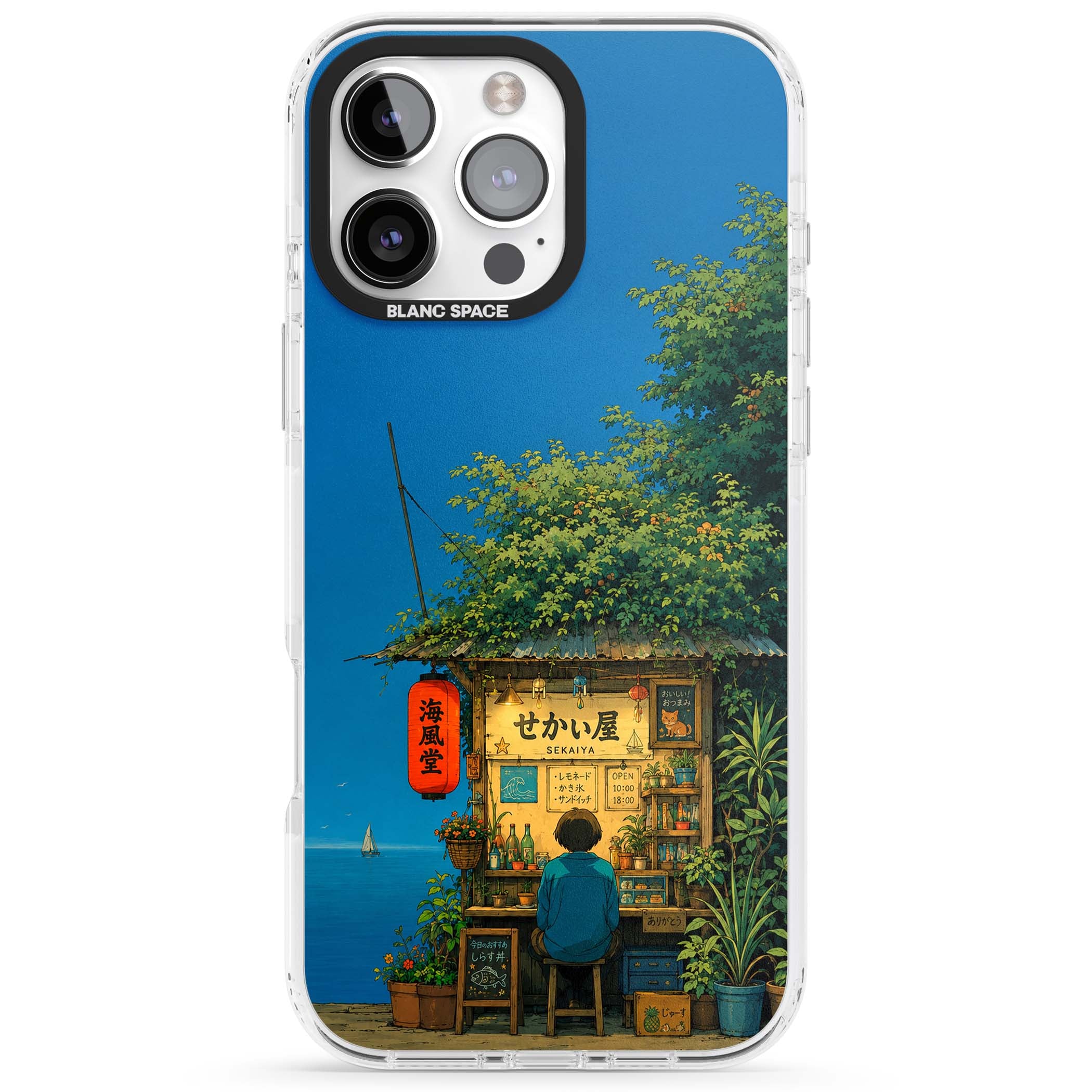 The Shirahama Kiosk anime iPhone case featuring a Japanese seaside shop, red paper lantern and ocean view | Clear Impact case for iPhone 16 Pro, iPhone 16 Pro Max