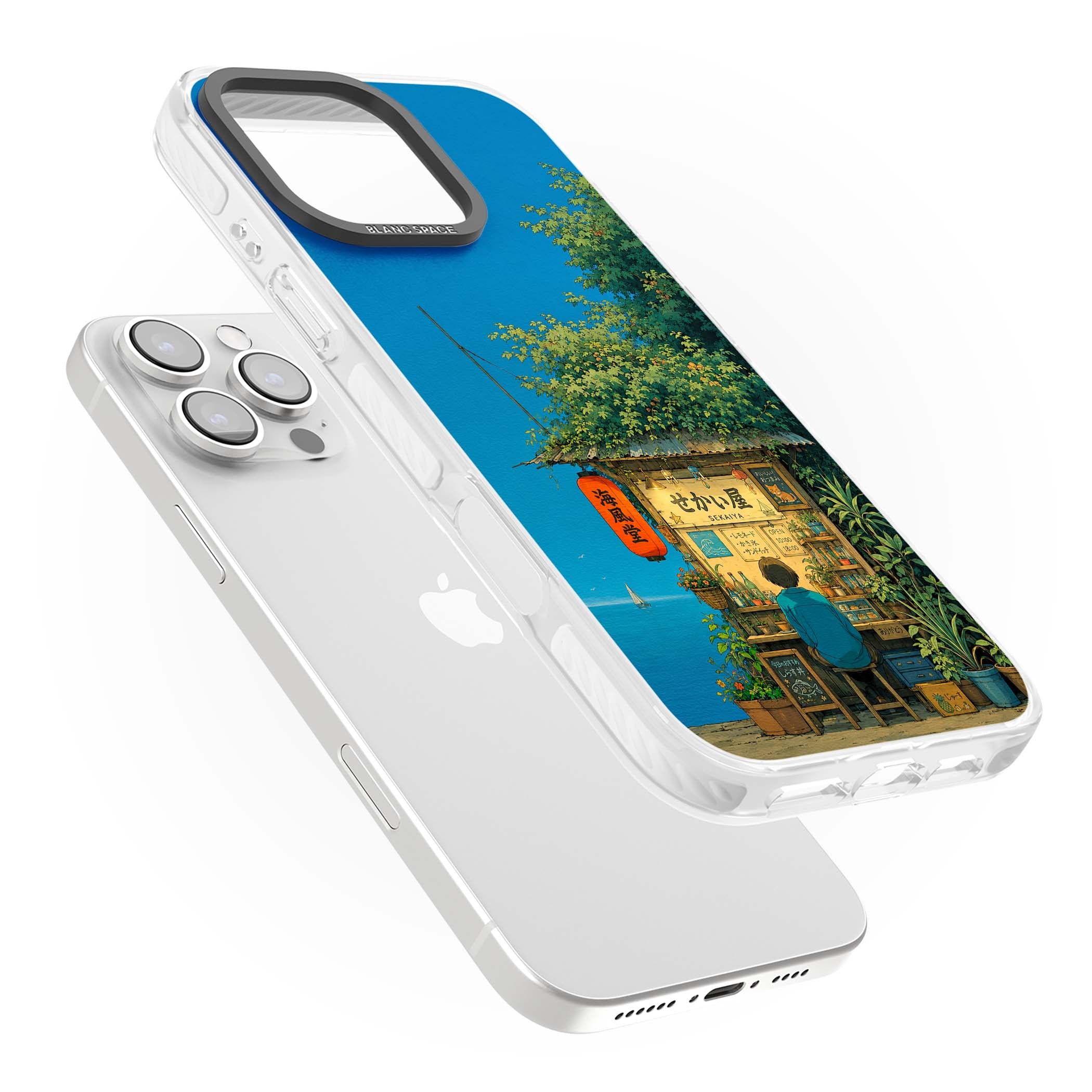 The Shirahama Kiosk anime iPhone case featuring a Japanese seaside shop, red paper lantern and ocean view | Clear Impact case for iPhone 16 Pro, iPhone 16 Pro Max