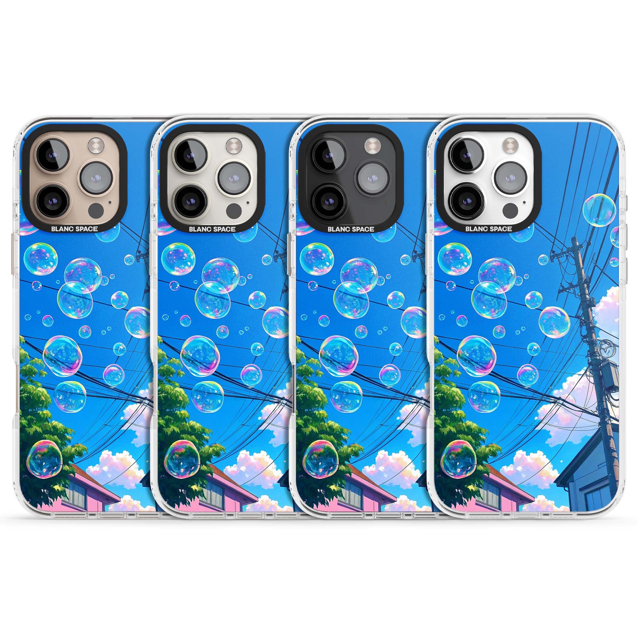 Suburban Bubbles anime iPhone case featuring iridescent soap bubbles, blue sky and Japanese telephone wires | Clear Impact case for iPhone 16 Pro, iPhone 16 Pro Max