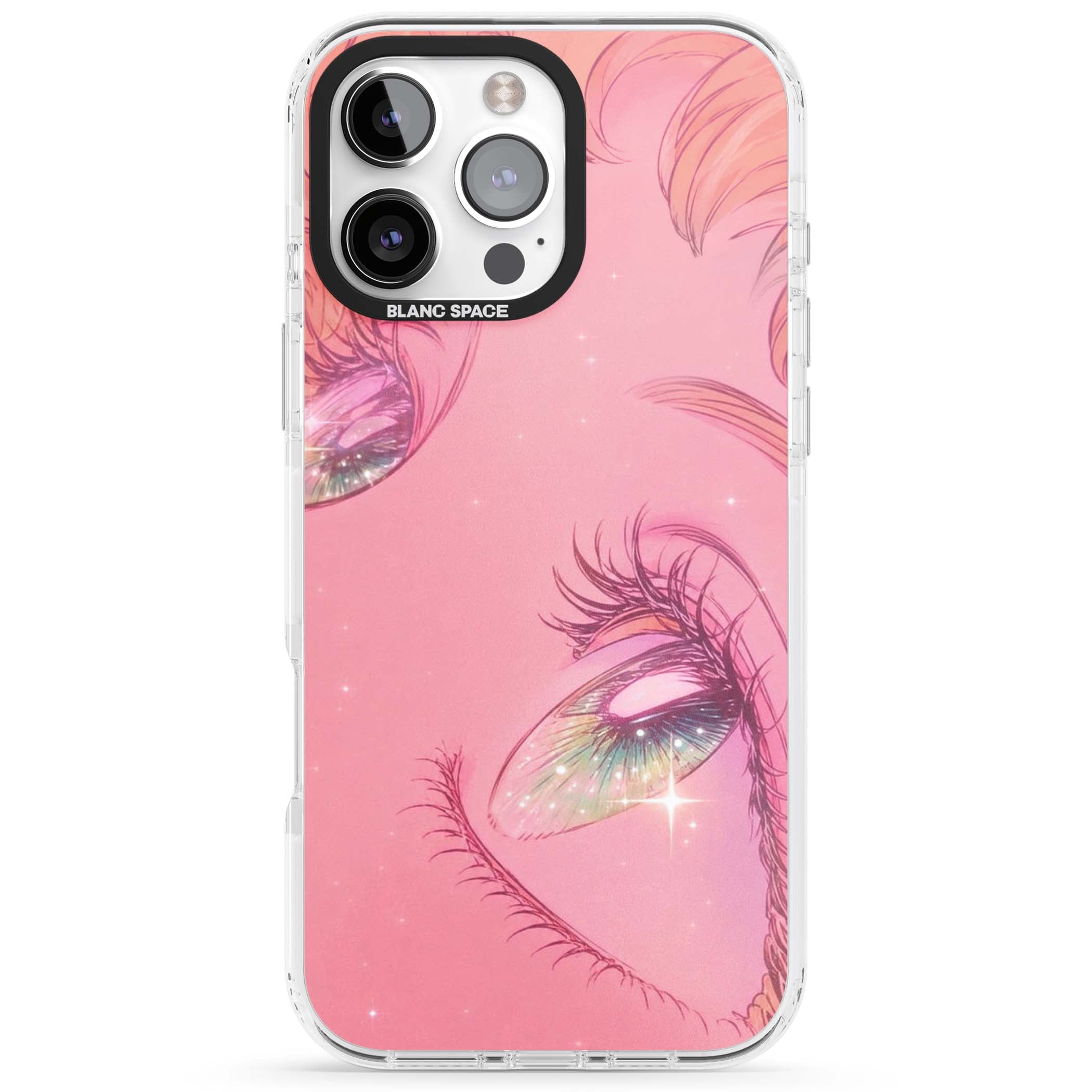 Pink Ethereal Gaze anime iPhone case featuring sparkling manga eyes, coral lashes and dreamy peach sky | Clear Impact case for iPhone 16 Pro, iPhone 16 Pro Max