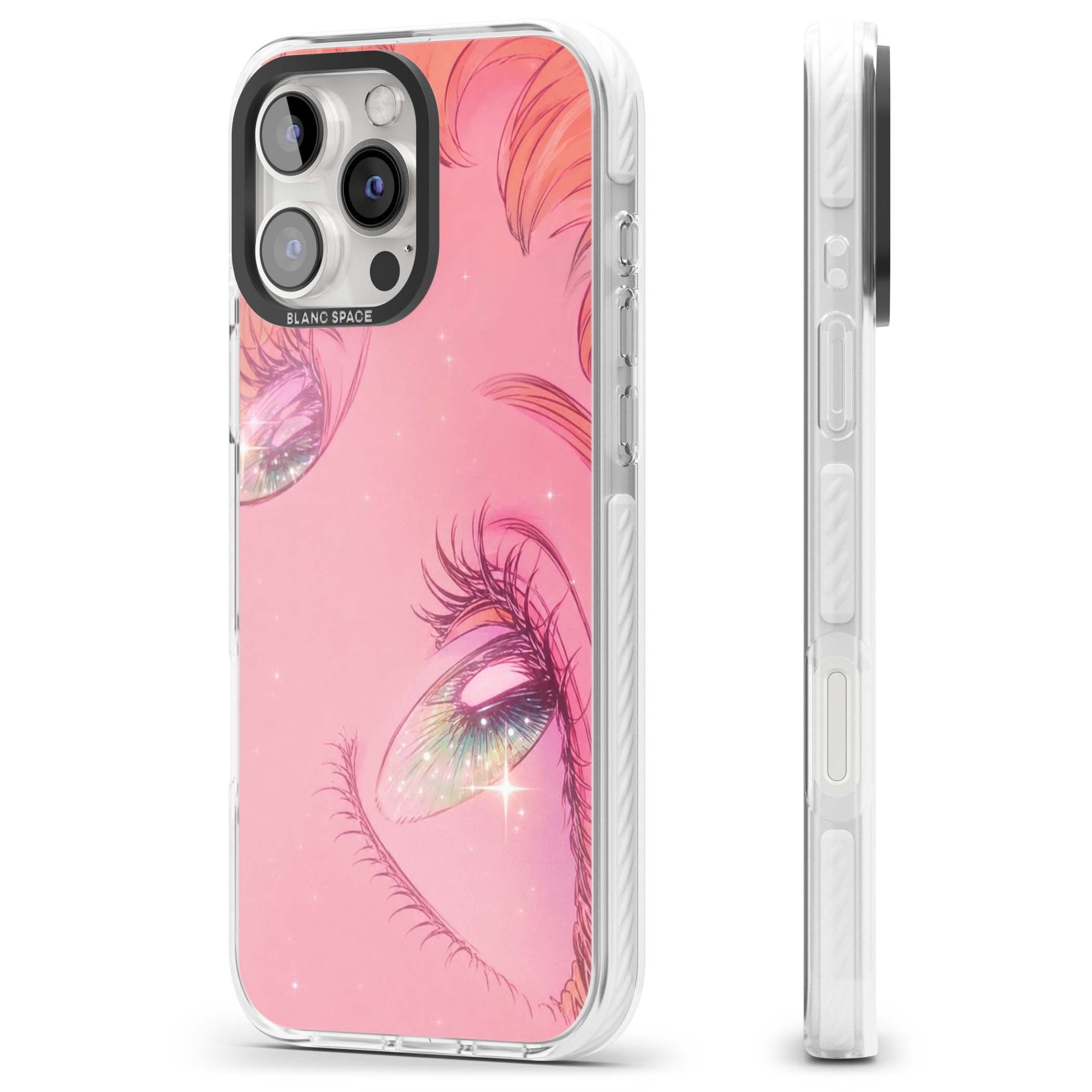 Pink Ethereal Gaze anime iPhone case featuring sparkling manga eyes, coral lashes and dreamy peach sky | Clear Impact case for iPhone 16 Pro, iPhone 16 Pro Max