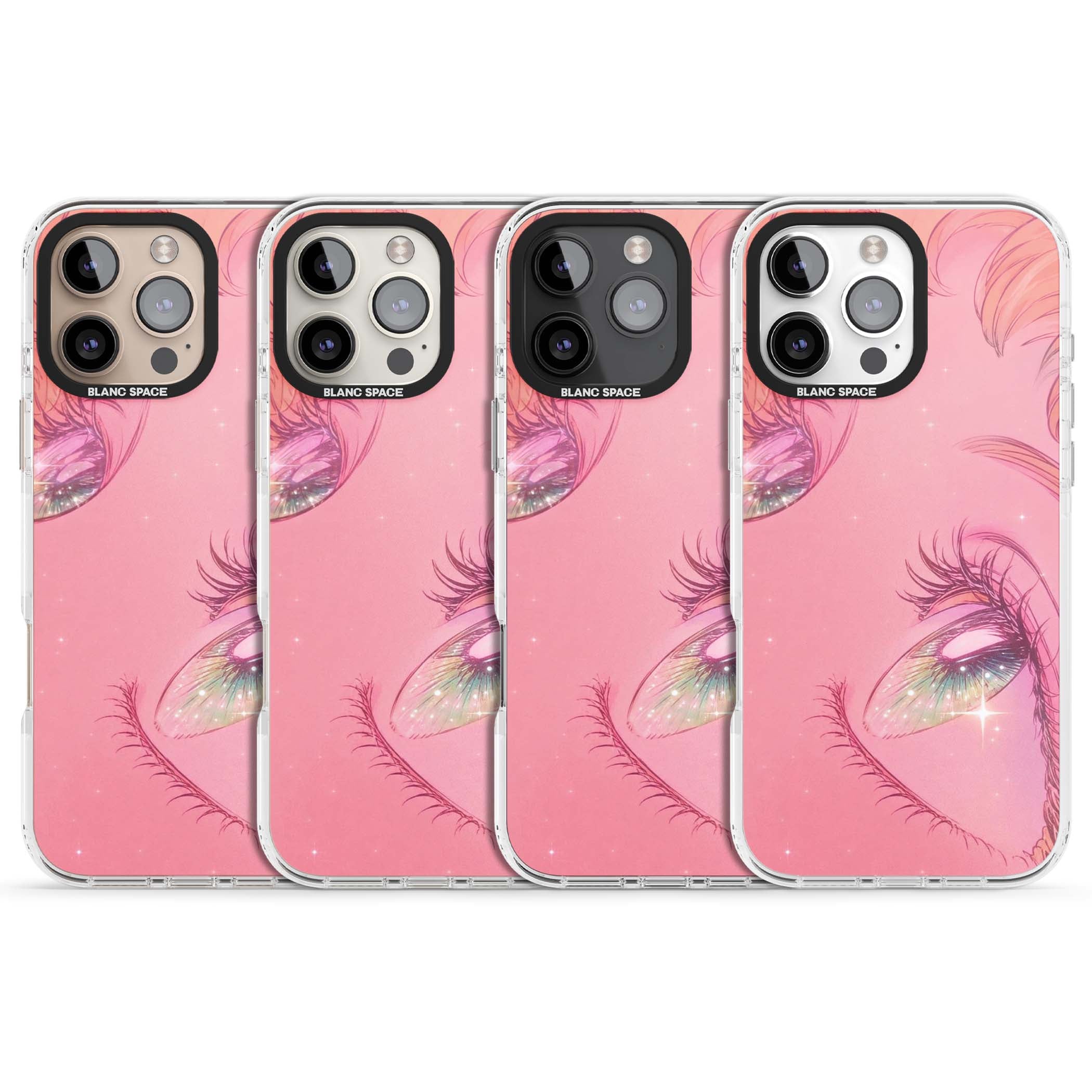 Pink Ethereal Gaze anime iPhone case featuring sparkling manga eyes, coral lashes and dreamy peach sky | Clear Impact case for iPhone 16 Pro, iPhone 16 Pro Max