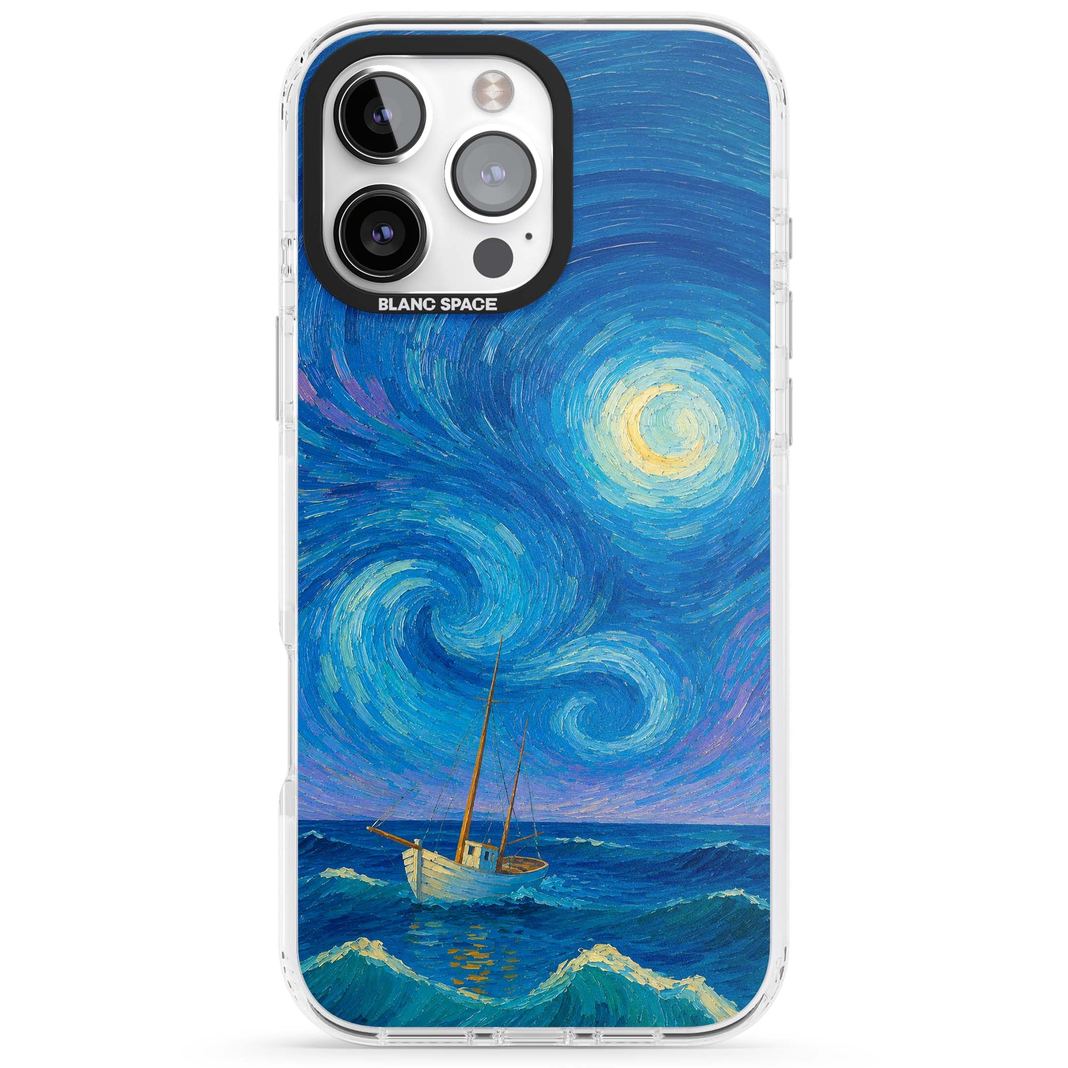 Moonlit Tide Van Gogh art iPhone case featuring swirling starry night sky, glowing moon and lone sailing boat at sea | Clear Impact case for iPhone 16 Pro, iPhone 16 Pro Max