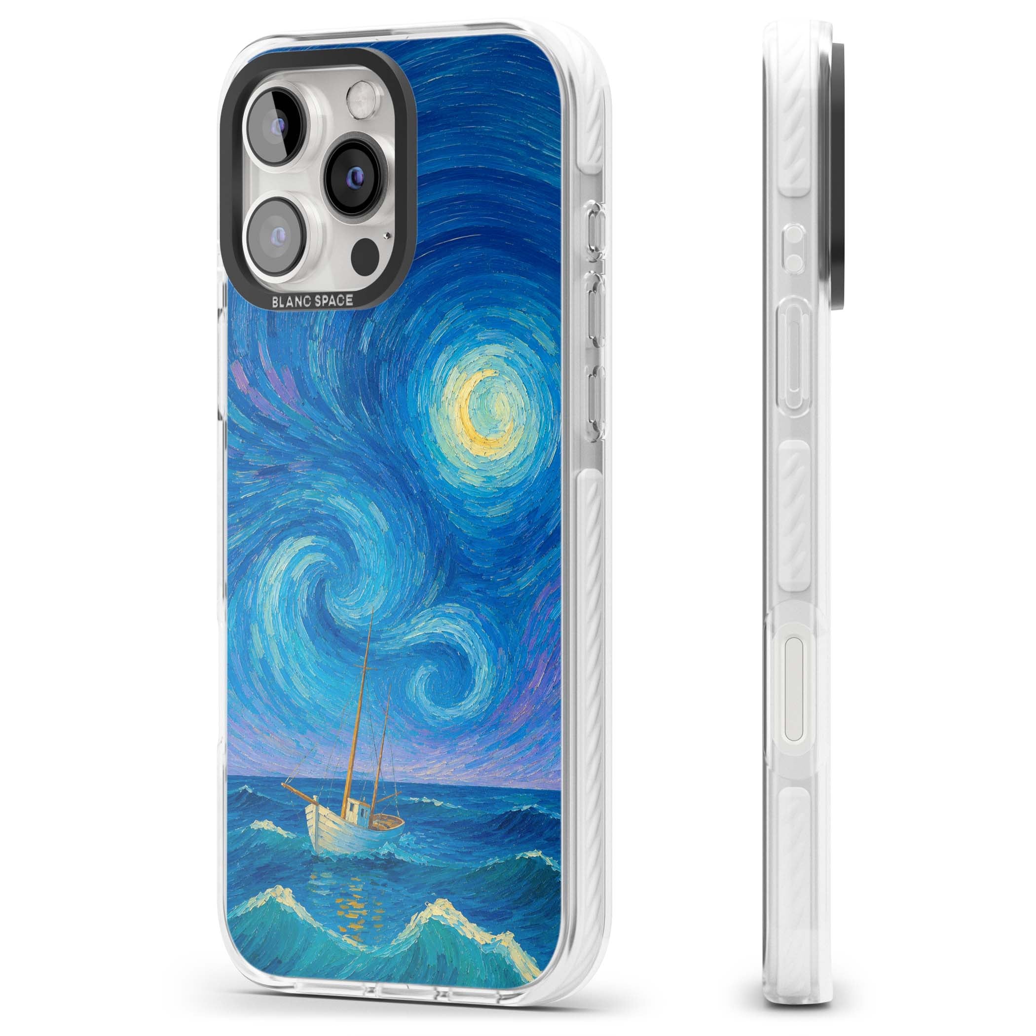 Moonlit Tide Van Gogh art iPhone case featuring swirling starry night sky, glowing moon and lone sailing boat at sea | Clear Impact case for iPhone 16 Pro, iPhone 16 Pro Max