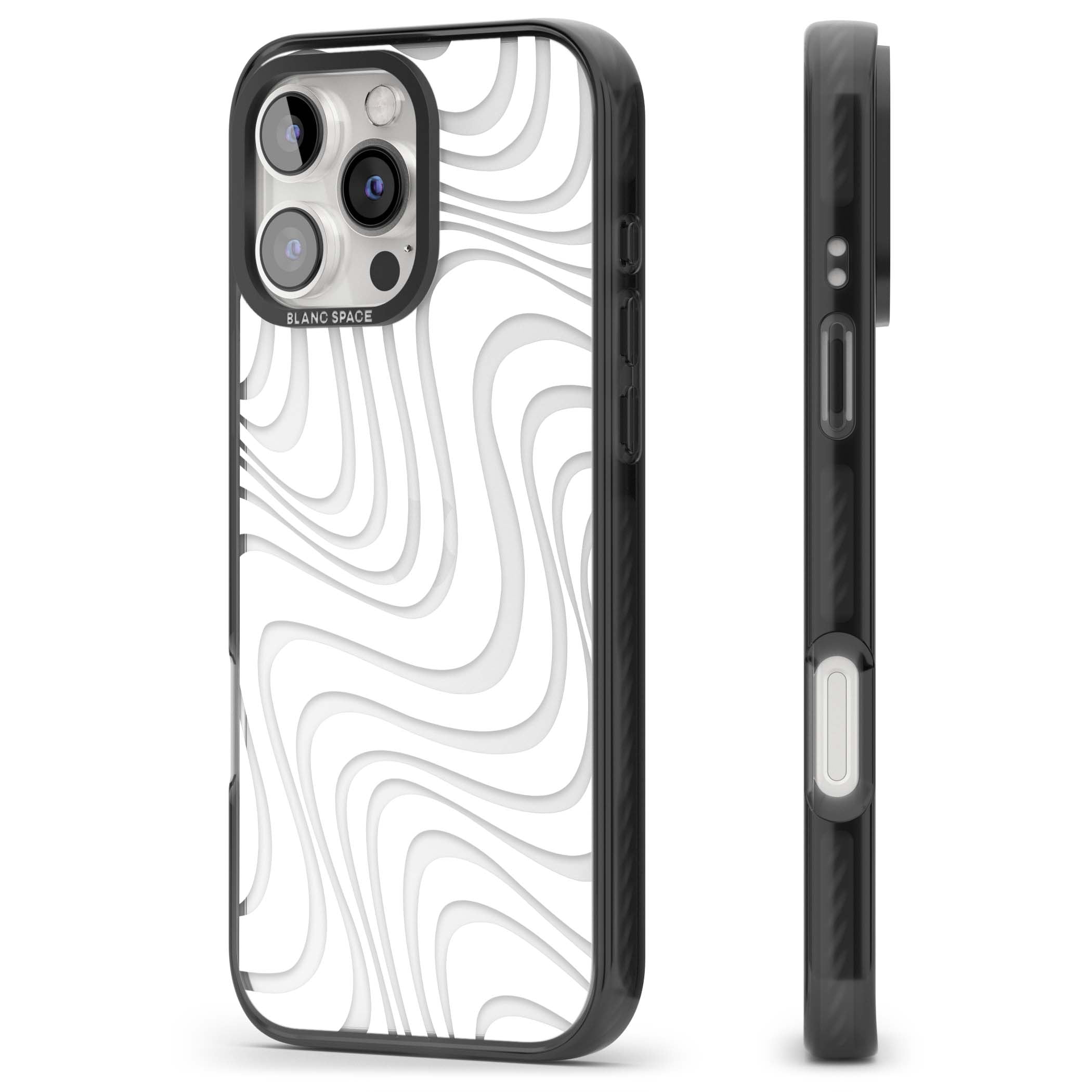 White Abstract Waves abstract iPhone case featuring flowing grey wave pattern on clear background | Black Impact case for iPhone 16 Pro, iPhone 16 Pro Max
