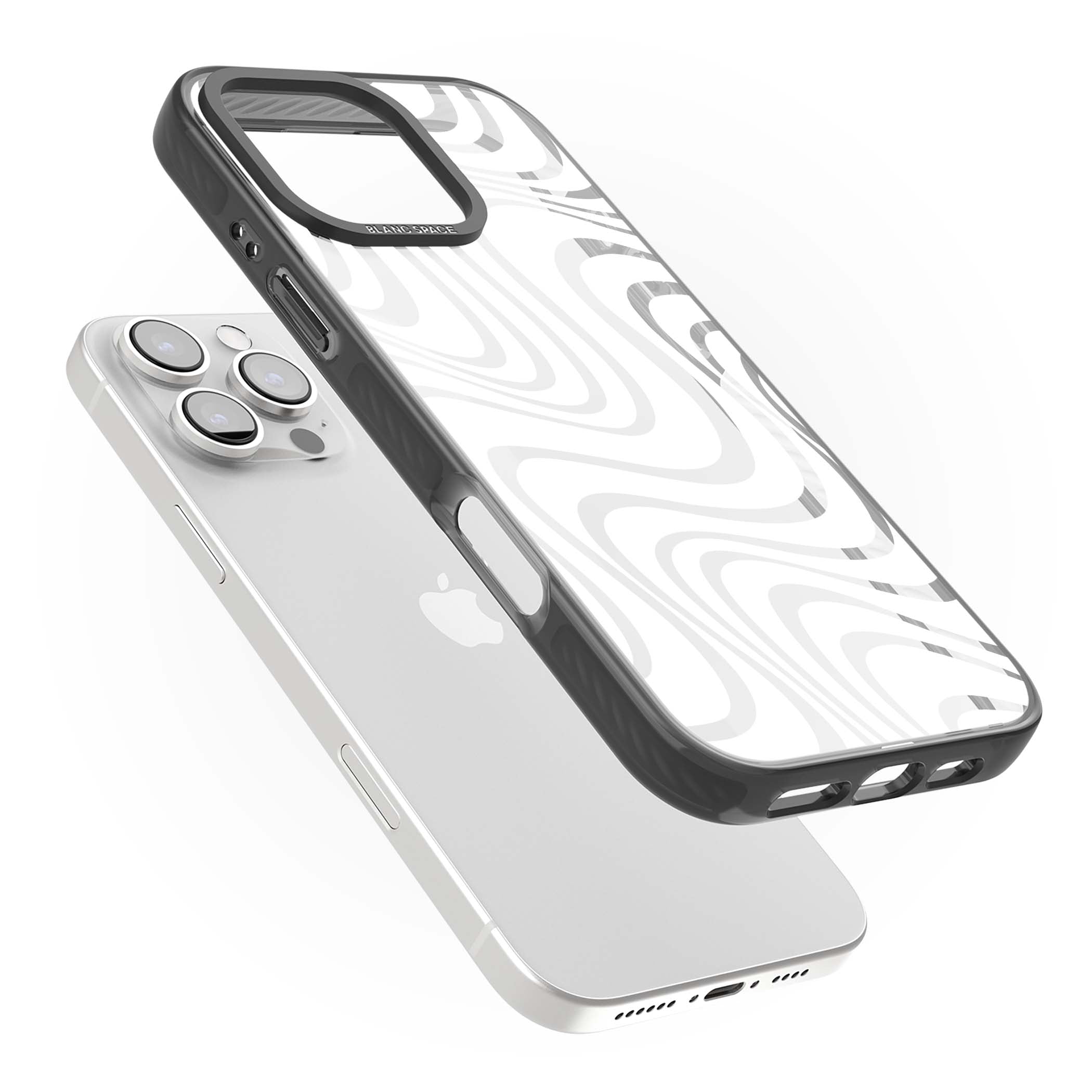 White Abstract Waves abstract iPhone case featuring flowing grey wave pattern on clear background | Black Impact case for iPhone 16 Pro, iPhone 16 Pro Max