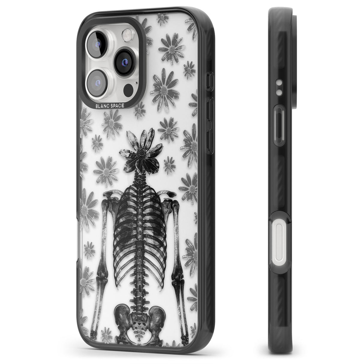 Skeleton Flower Black Impact Phone Case for iPhone 16 Pro, iPhone 16 Pro Max