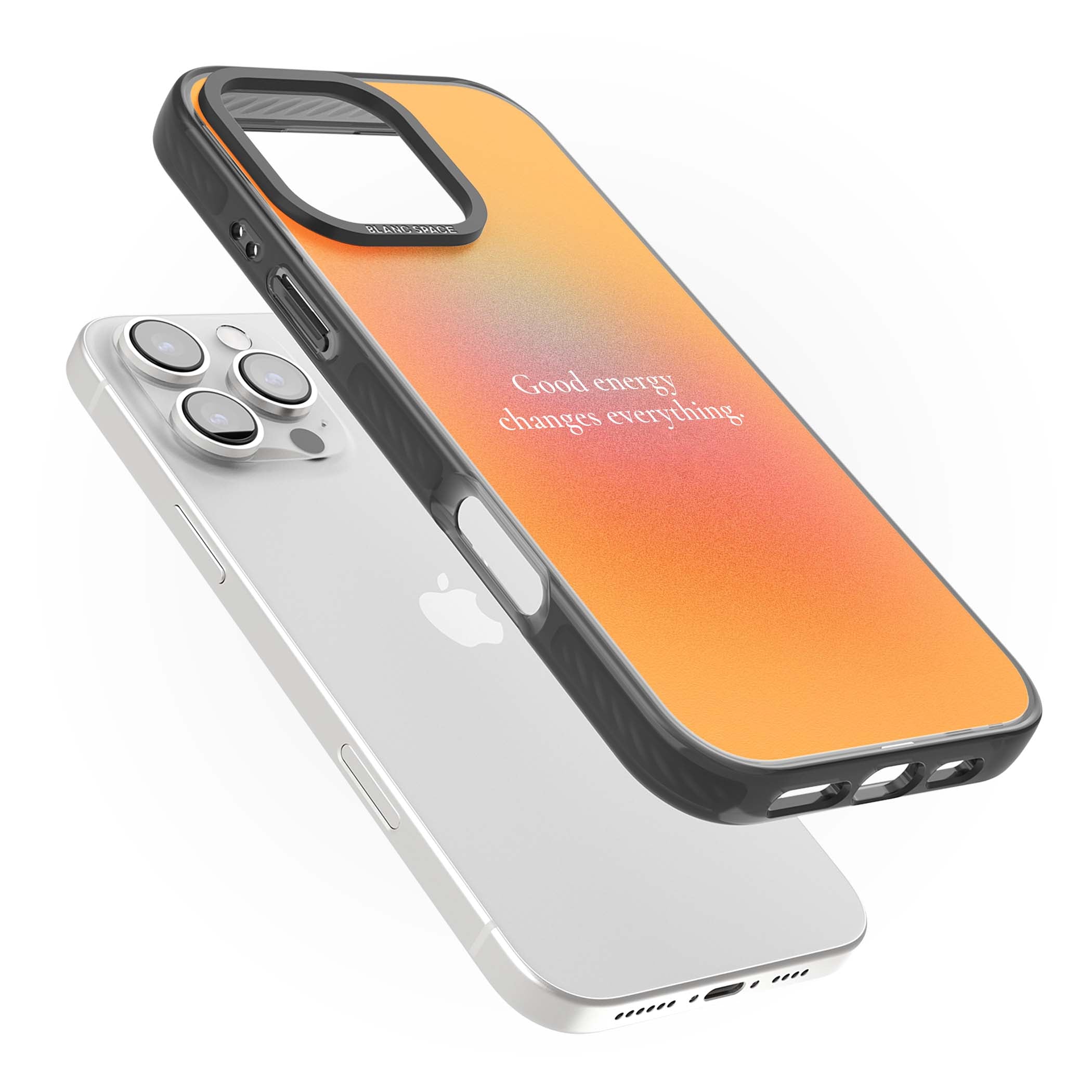 Good Energy quote iPhone case featuring an orange and pink aura gradient with white serif affirmation text | Black Impact case for iPhone 16 Pro, iPhone 16 Pro Max