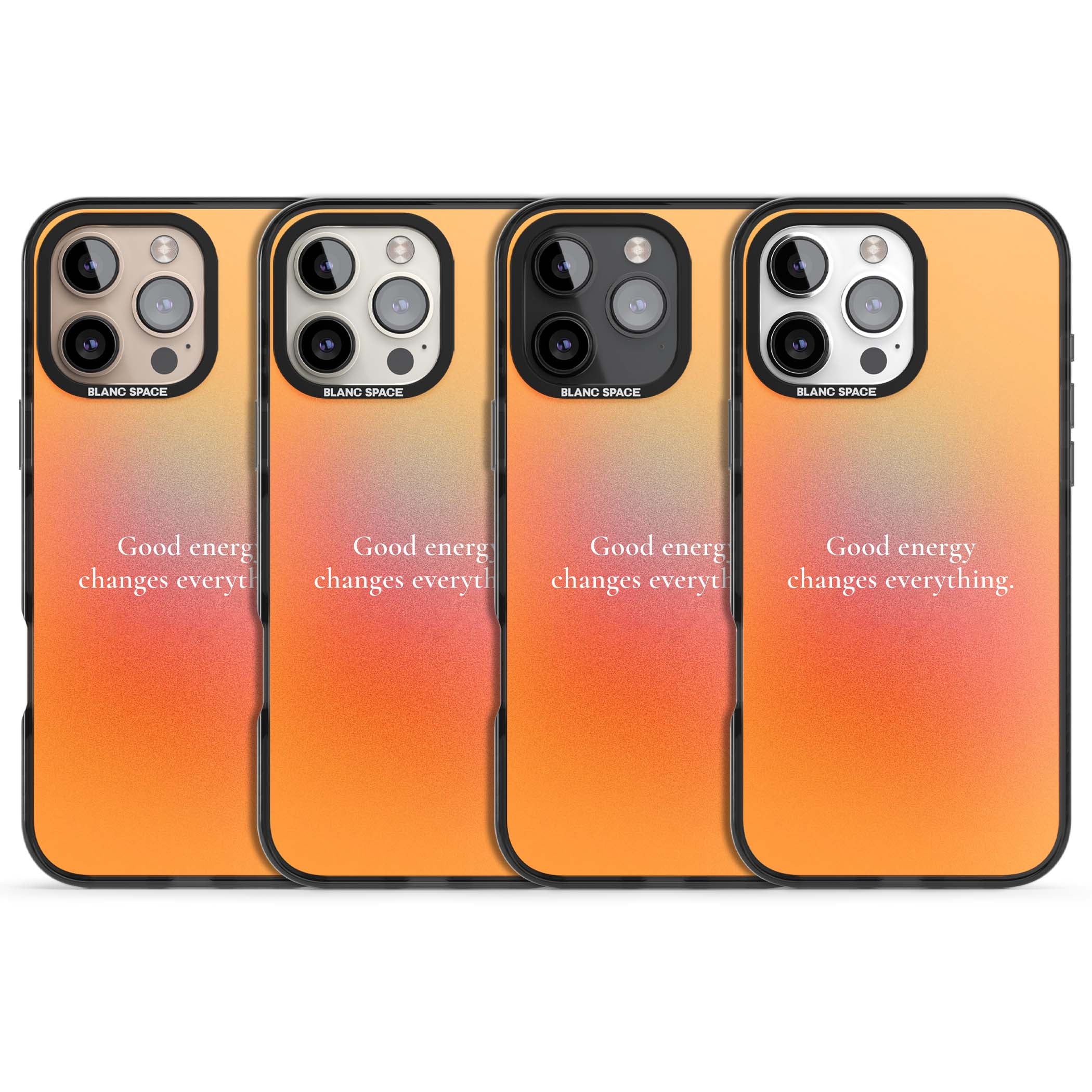 Good Energy quote iPhone case featuring an orange and pink aura gradient with white serif affirmation text | Black Impact case for iPhone 16 Pro, iPhone 16 Pro Max