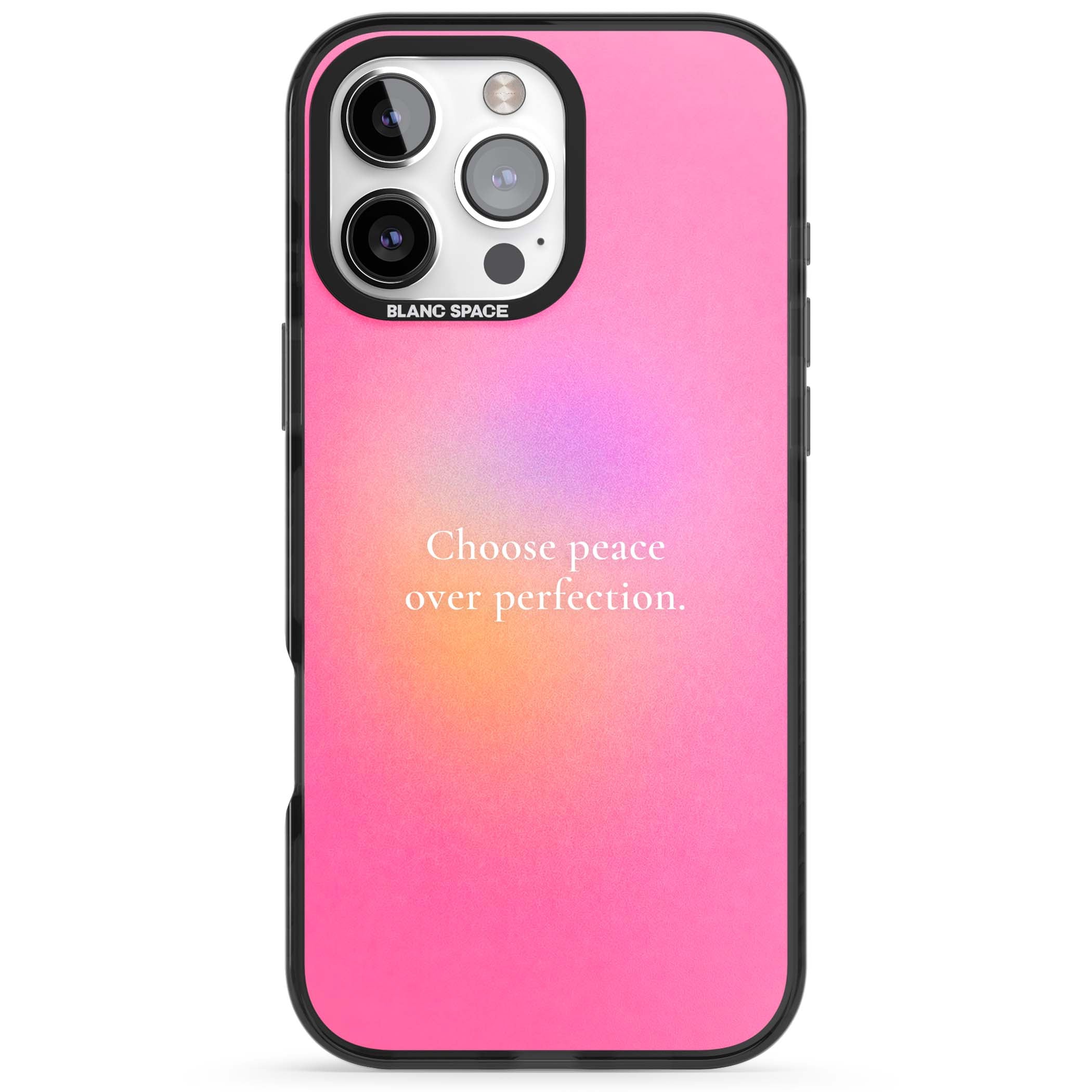Peace Over Perfection quote iPhone case featuring a dreamy pink aura gradient and delicate white affirmation text | Black Impact case for iPhone 16 Pro, iPhone 16 Pro Max