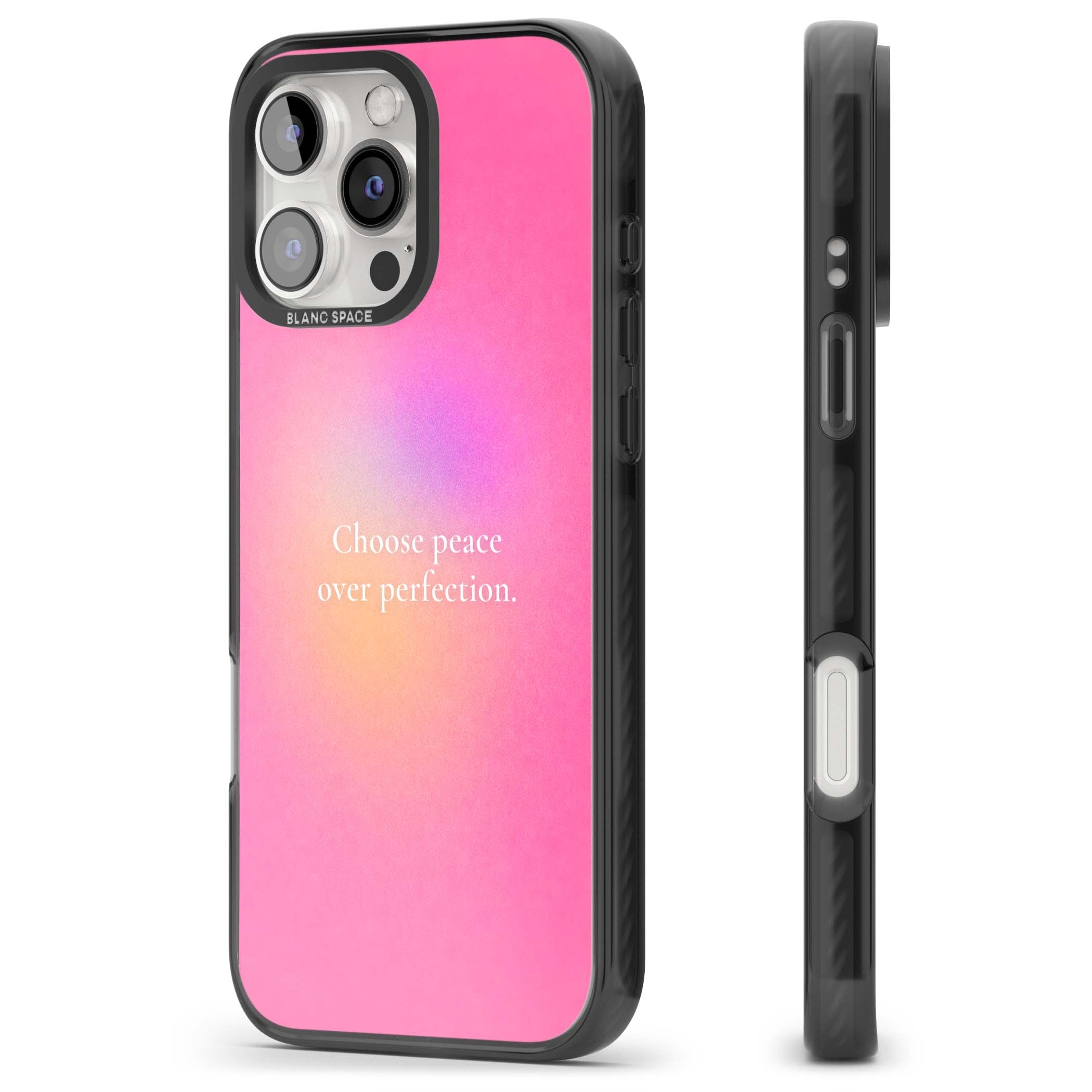 Peace Over Perfection quote iPhone case featuring a dreamy pink aura gradient and delicate white affirmation text | Black Impact case for iPhone 16 Pro, iPhone 16 Pro Max