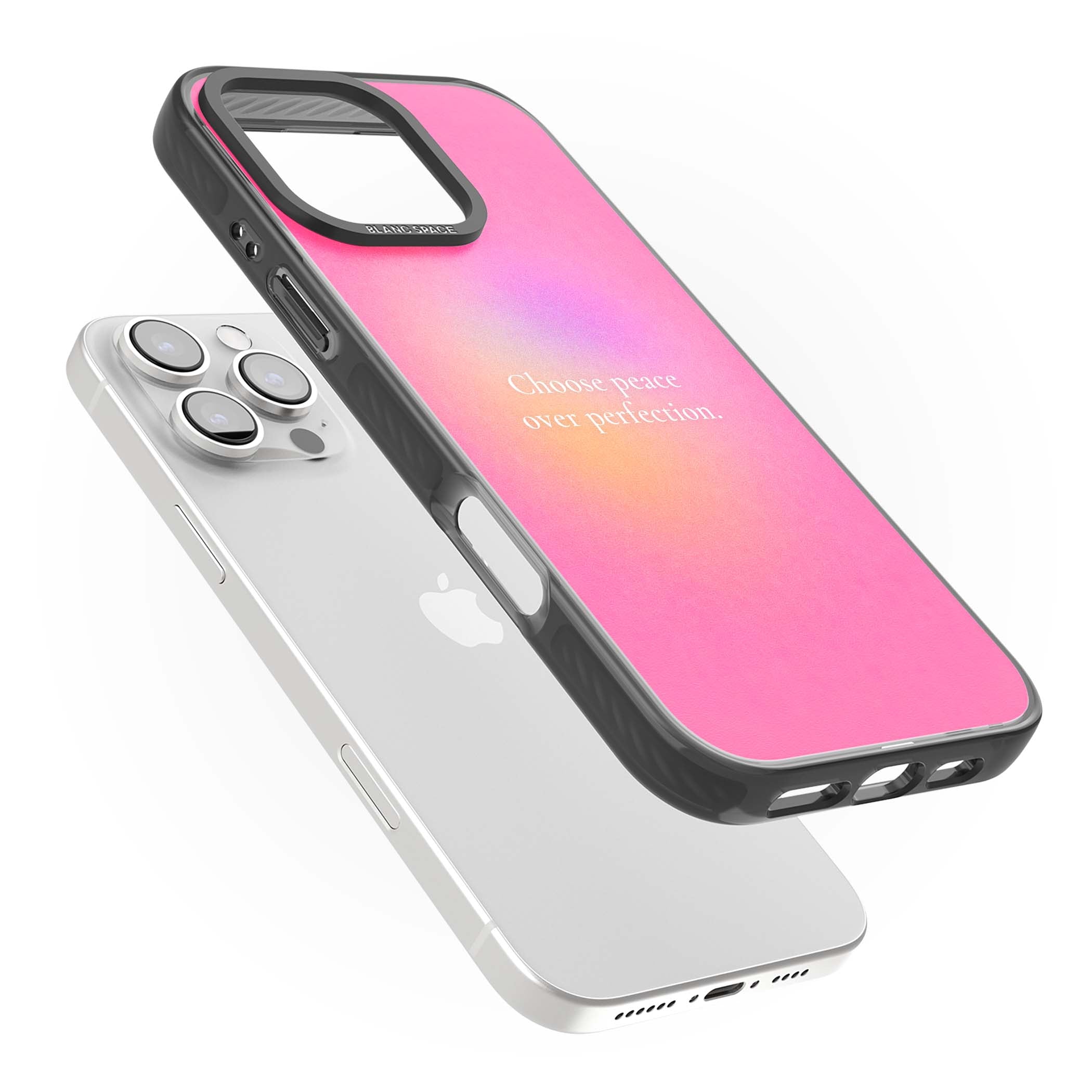 Peace Over Perfection quote iPhone case featuring a dreamy pink aura gradient and delicate white affirmation text | Black Impact case for iPhone 16 Pro, iPhone 16 Pro Max
