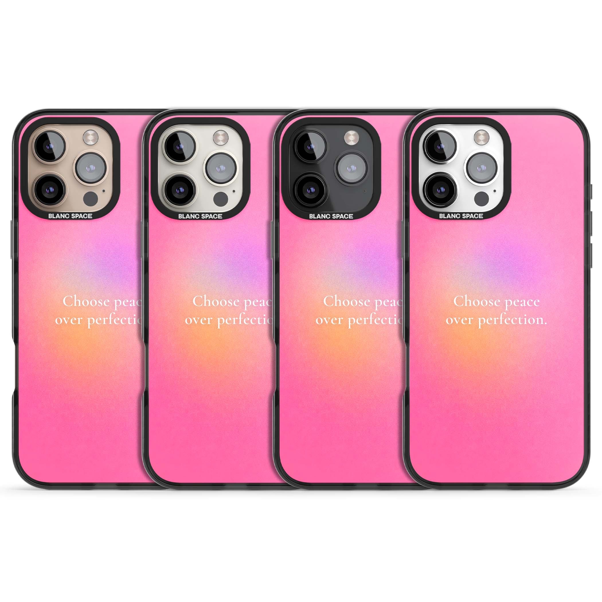 Peace Over Perfection quote iPhone case featuring a dreamy pink aura gradient and delicate white affirmation text | Black Impact case for iPhone 16 Pro, iPhone 16 Pro Max