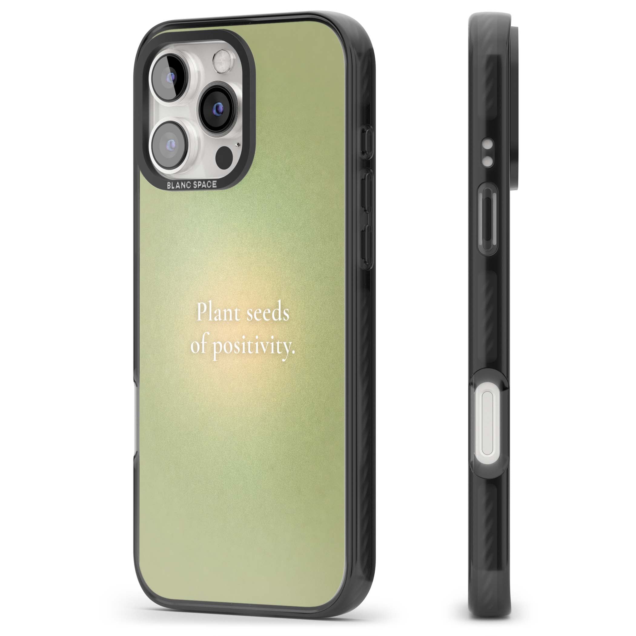 Seeds of Positivity quote iPhone case featuring a sage green aura gradient and golden glow affirmation | Black Impact case for iPhone 16 Pro, iPhone 16 Pro Max