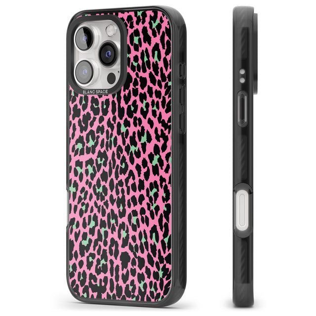 iPhone 16 Pro Max Green on Pink Leopard Print Pattern Black Impact Phone Case