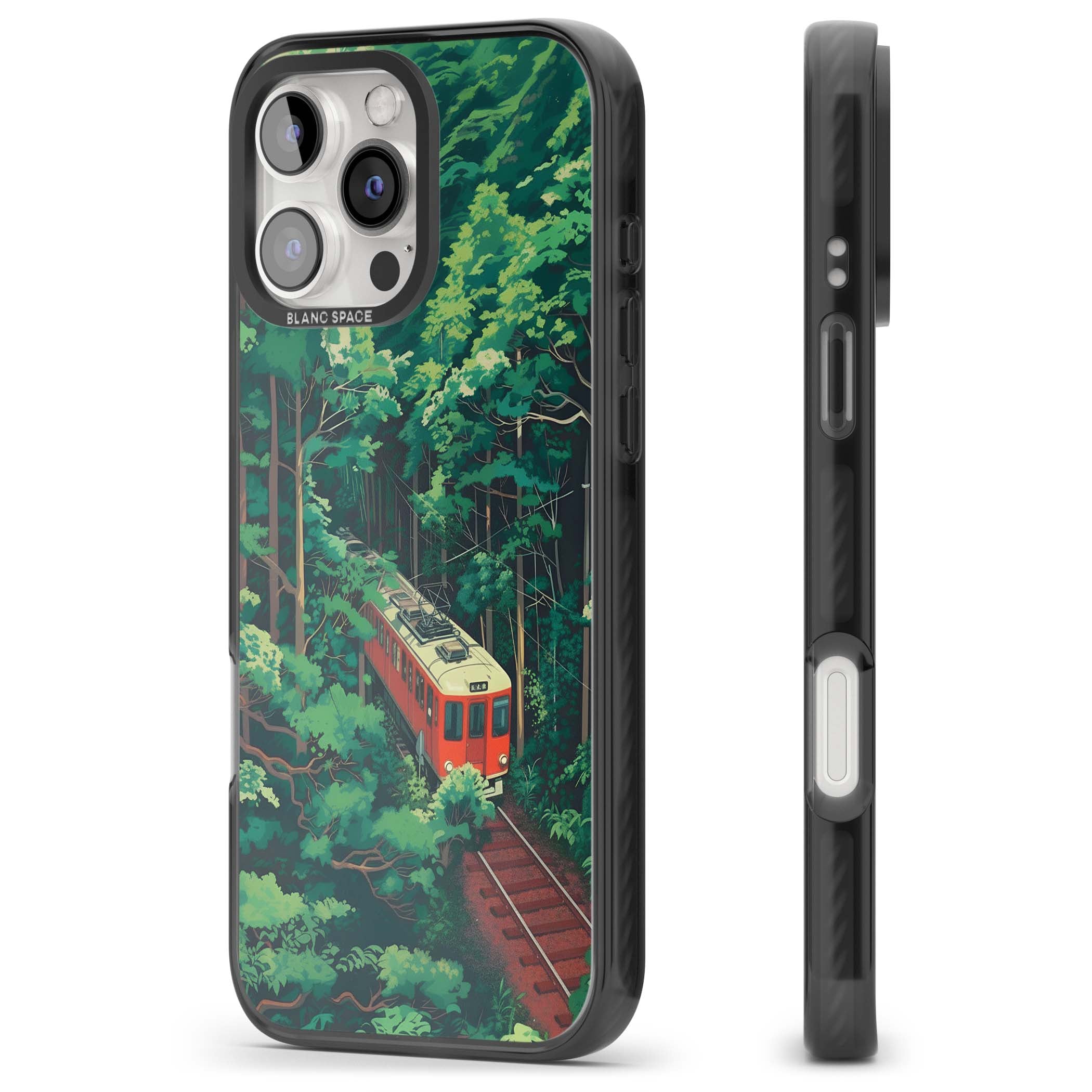 Railway In Toyama Japanese iPhone case featuring a red train, cedar forest and winding mountain railway tracks | Black Impact case for iPhone 16 Pro, iPhone 16 Pro Max