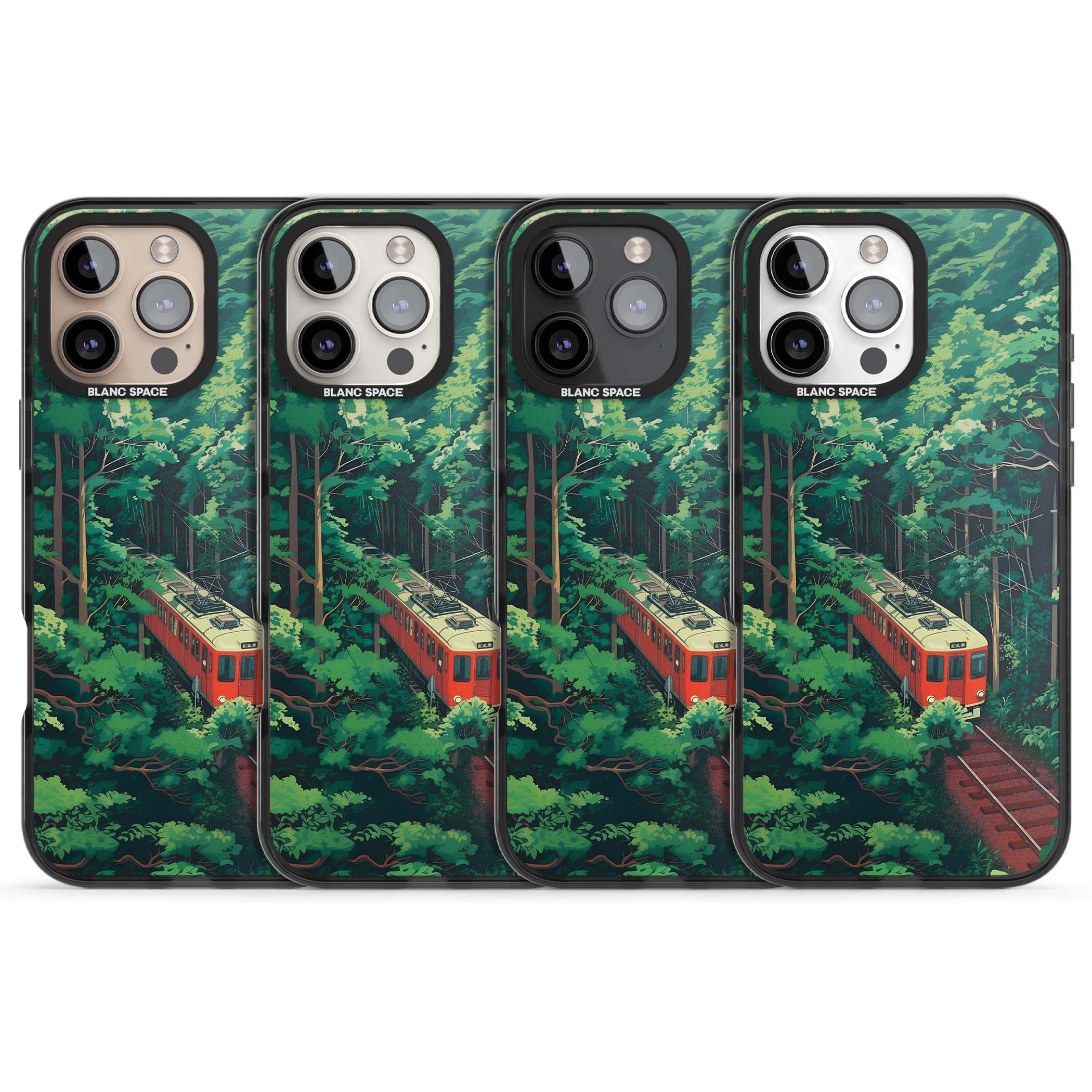 Railway In Toyama Japanese iPhone case featuring a red train, cedar forest and winding mountain railway tracks | Black Impact case for iPhone 16 Pro, iPhone 16 Pro Max