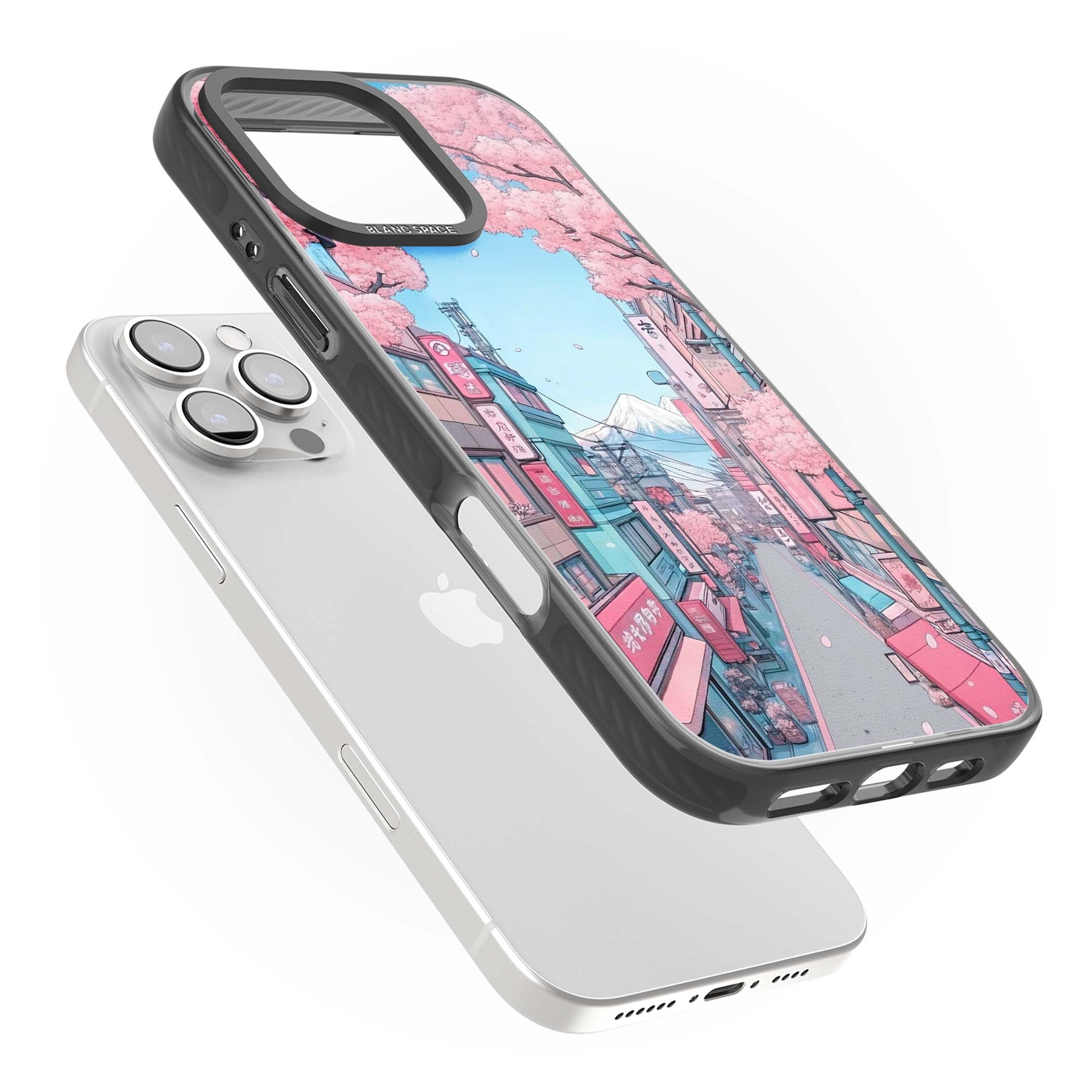 Sakura Lane anime iPhone case featuring Tokyo street scene with cherry blossoms and Mount Fuji | Black Impact case for iPhone 16 Pro, iPhone 16 Pro Max