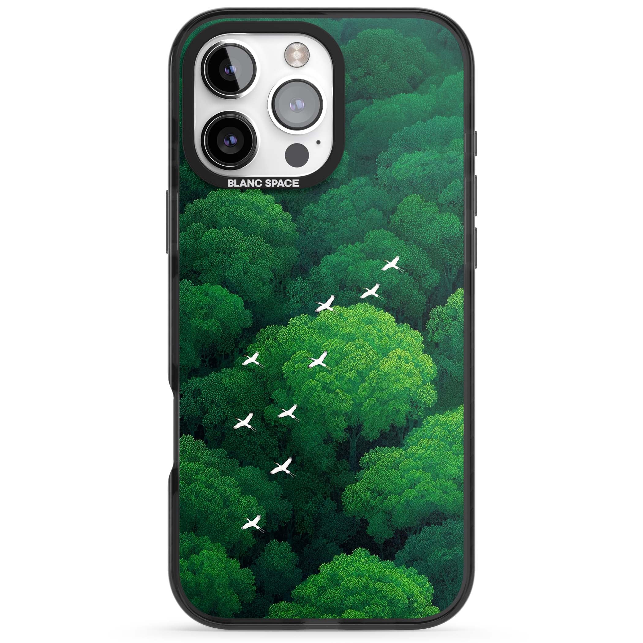 Grove Migration forest iPhone case featuring white cranes flying over lush green treetop canopy | Black Impact case for iPhone 16 Pro, iPhone 16 Pro Max