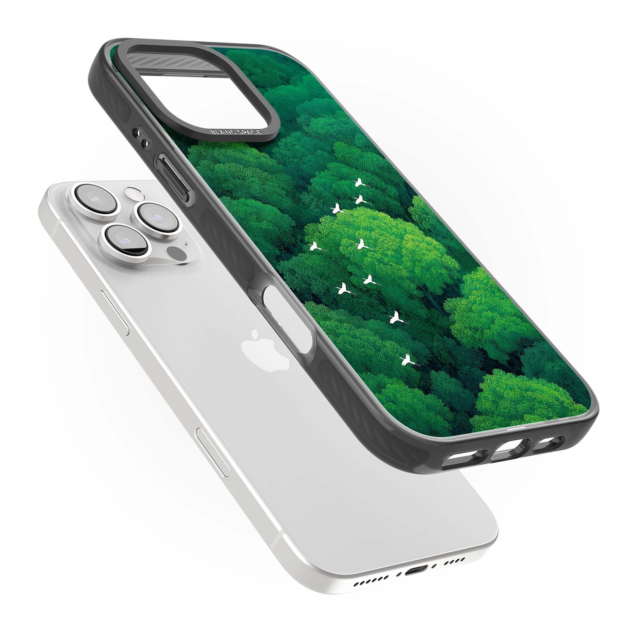 Grove Migration forest iPhone case featuring white cranes flying over lush green treetop canopy | Black Impact case for iPhone 16 Pro, iPhone 16 Pro Max