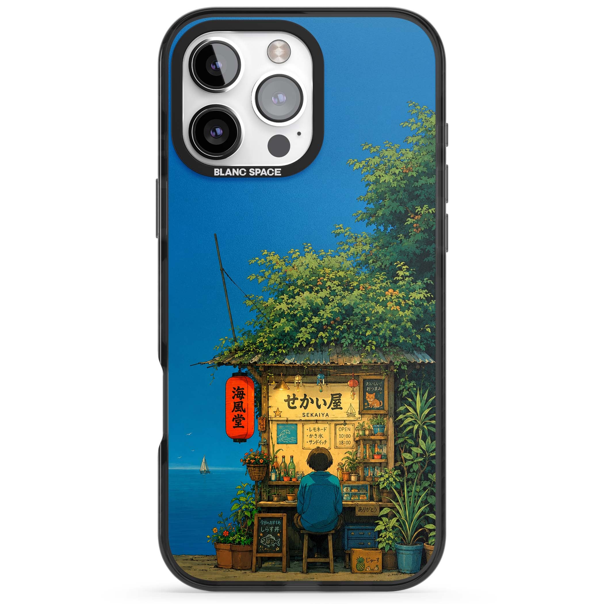 The Shirahama Kiosk anime iPhone case featuring a Japanese seaside shop, red paper lantern and ocean view | Black Impact case for iPhone 16 Pro, iPhone 16 Pro Max