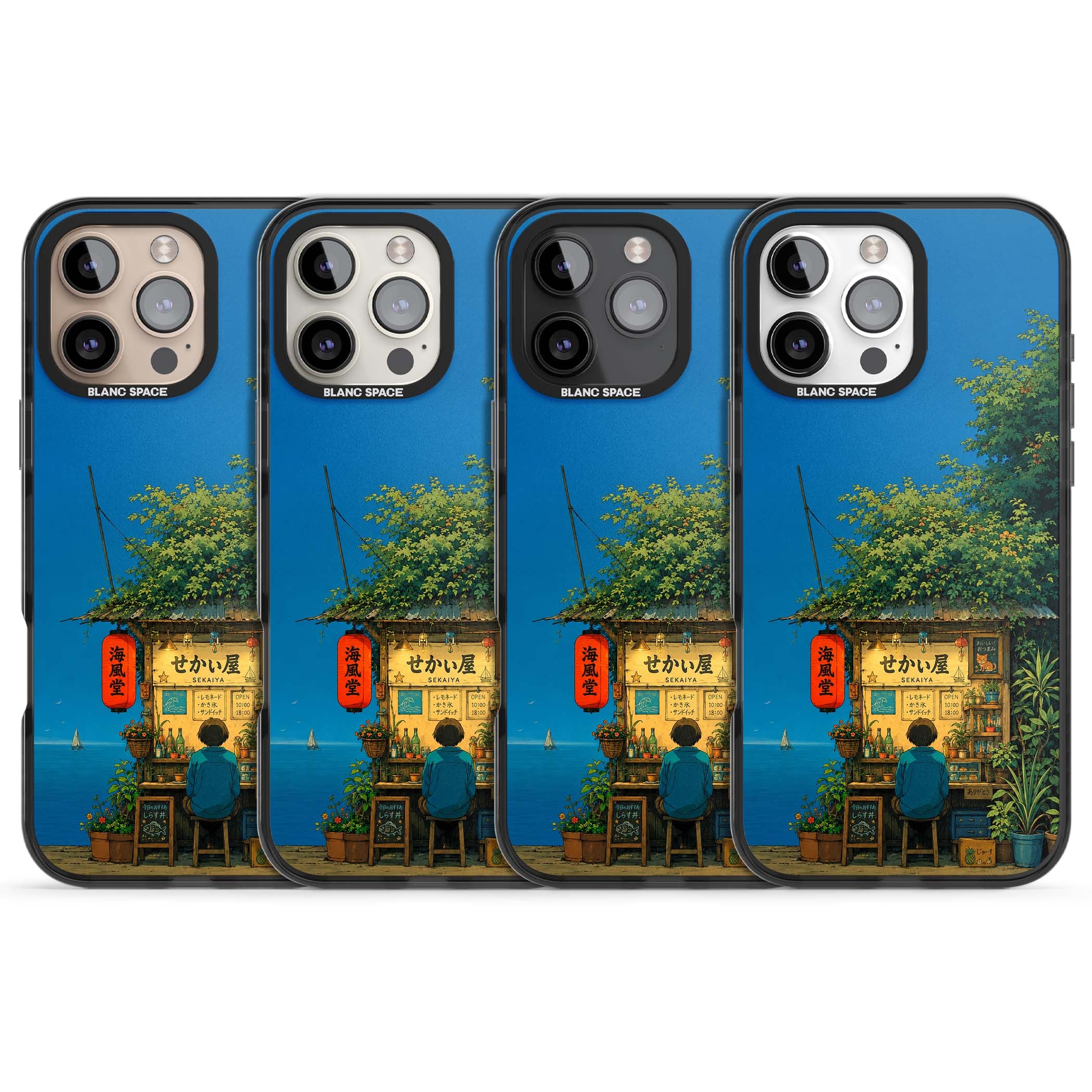 The Shirahama Kiosk anime iPhone case featuring a Japanese seaside shop, red paper lantern and ocean view | Black Impact case for iPhone 16 Pro, iPhone 16 Pro Max