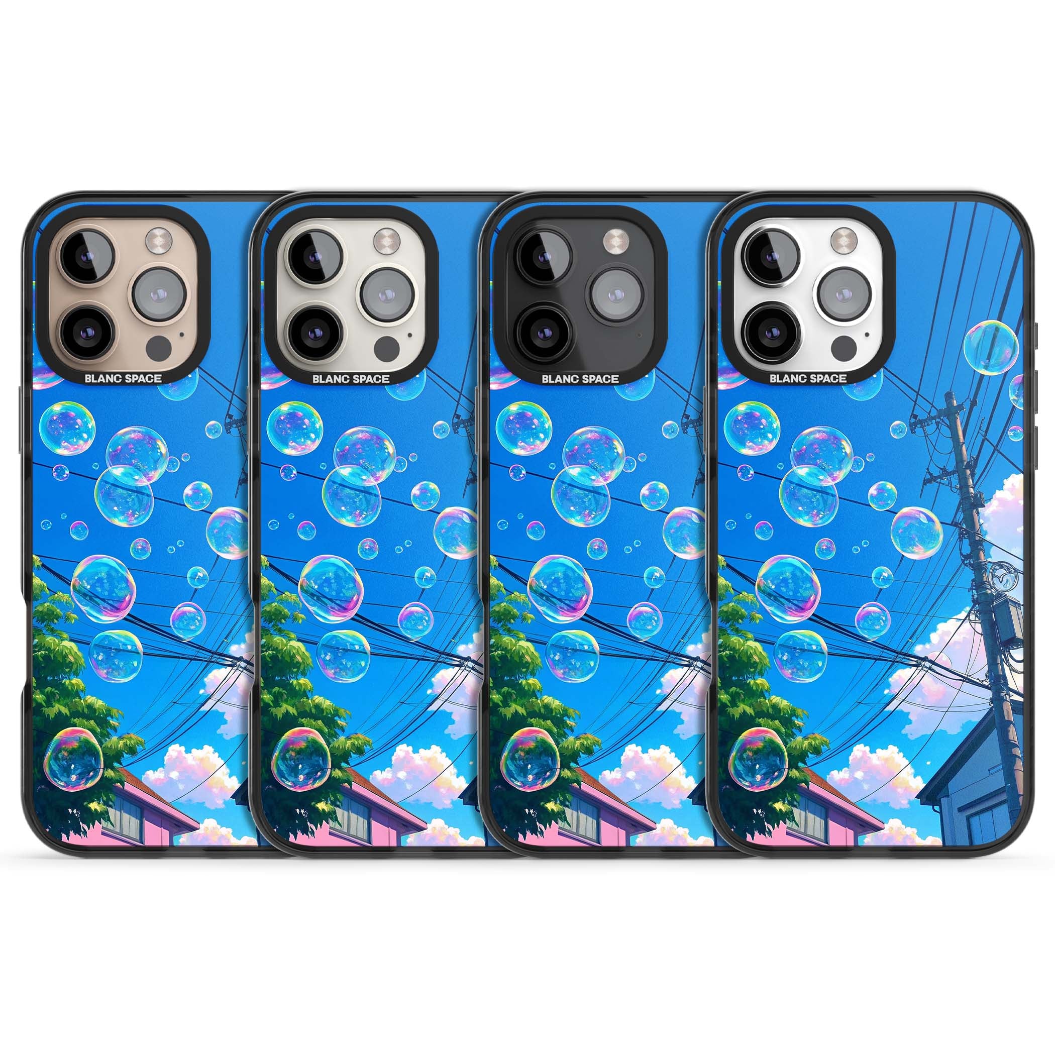 Suburban Bubbles anime iPhone case featuring iridescent soap bubbles, blue sky and Japanese telephone wires | Black Impact case for iPhone 16 Pro, iPhone 16 Pro Max