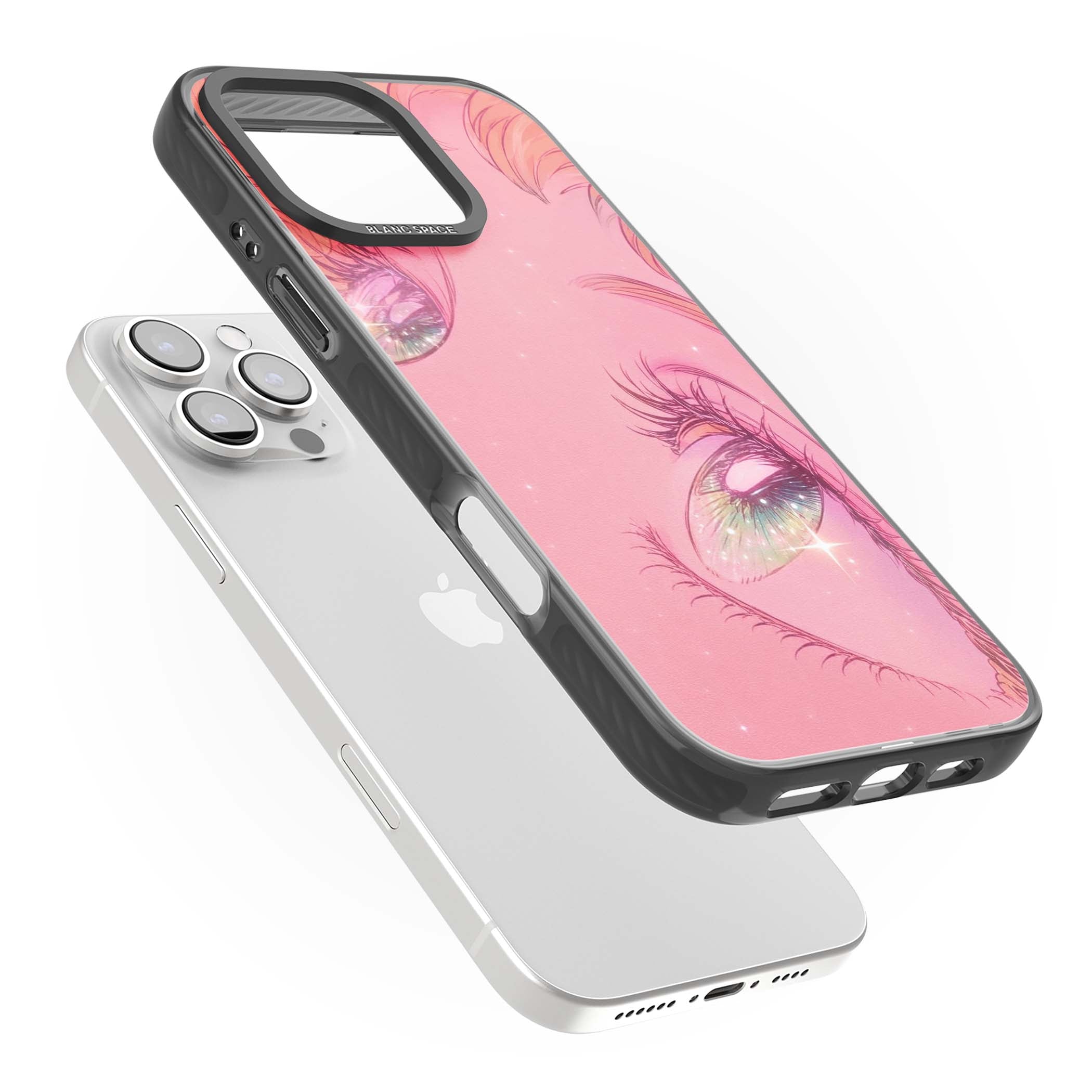 Pink Ethereal Gaze anime iPhone case featuring sparkling manga eyes, coral lashes and dreamy peach sky | Black Impact case for iPhone 16 Pro, iPhone 16 Pro Max