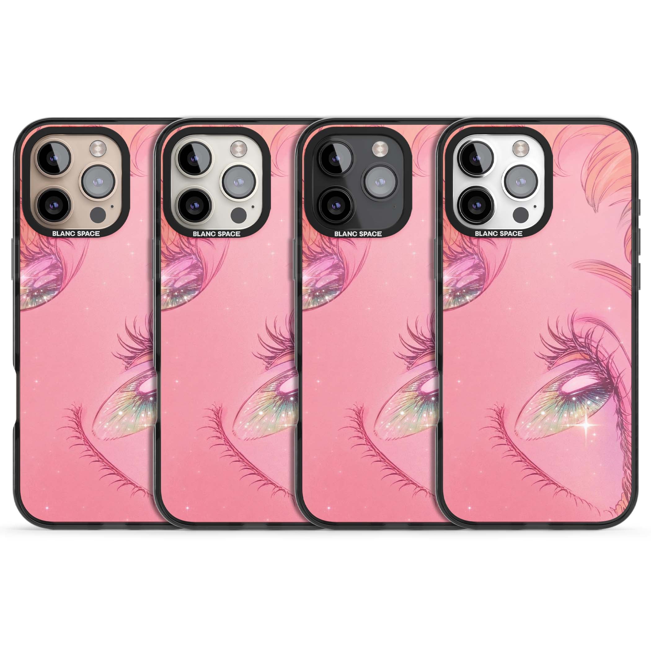 Pink Ethereal Gaze anime iPhone case featuring sparkling manga eyes, coral lashes and dreamy peach sky | Black Impact case for iPhone 16 Pro, iPhone 16 Pro Max