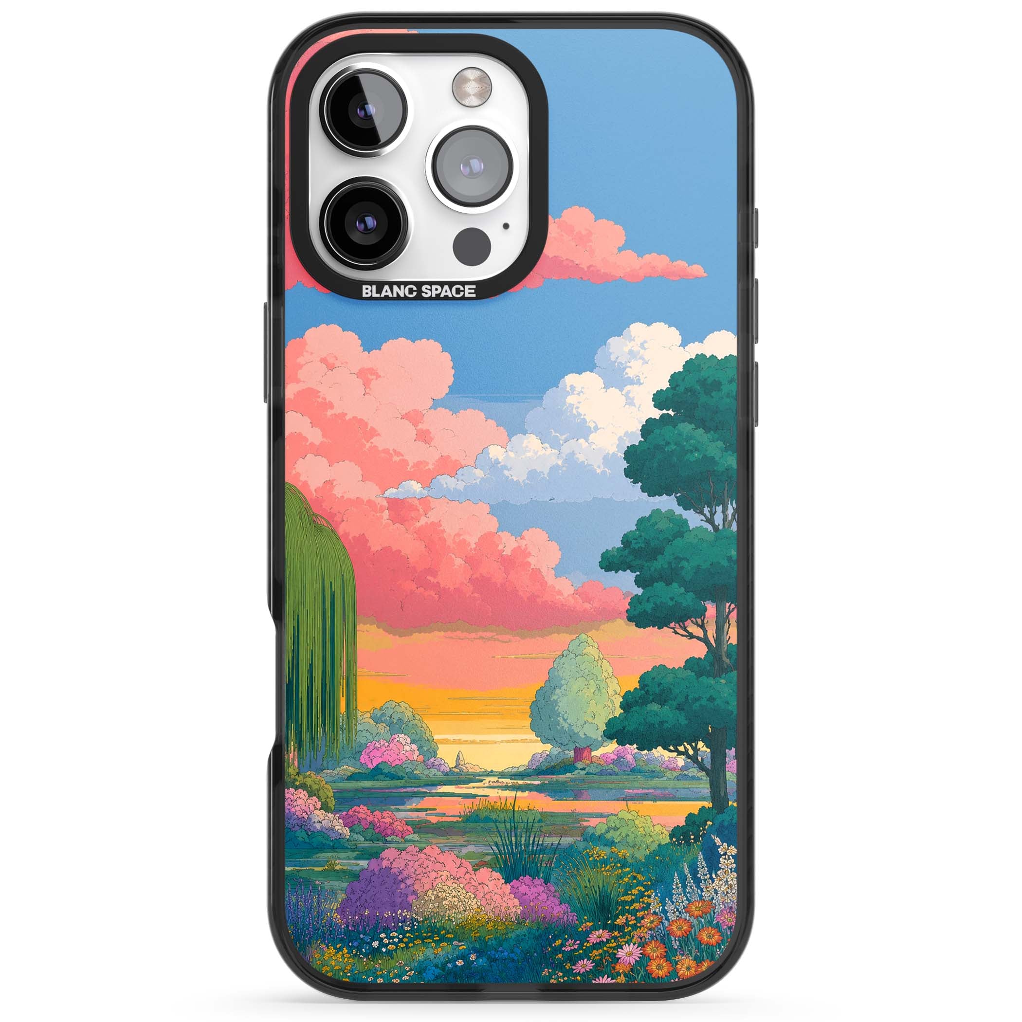 Dream Valley anime landscape iPhone case featuring pink sunset clouds, willow trees and wildflowers | Black Impact case for iPhone 16 Pro, iPhone 16 Pro Max