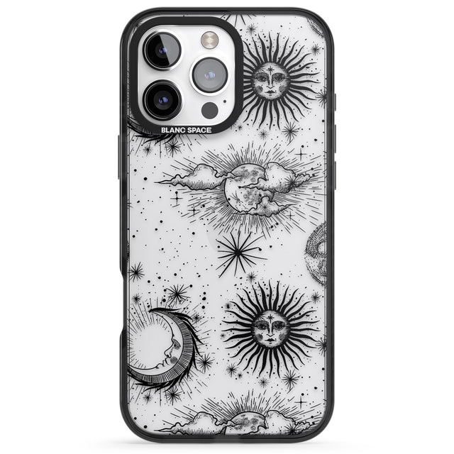 iPhone 16 Pro Max Transparent Suns, Moons & Clouds Black Impact Phone Case