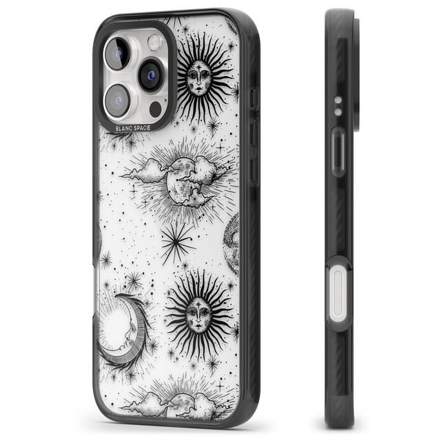 iPhone 16 Pro Max Transparent Suns, Moons & Clouds Black Impact Phone Case