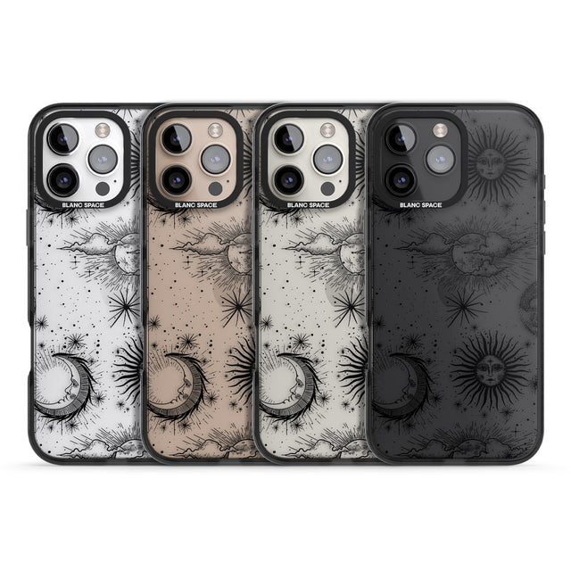 iPhone 16 Pro Max Transparent Suns, Moons & Clouds Black Impact Phone Case