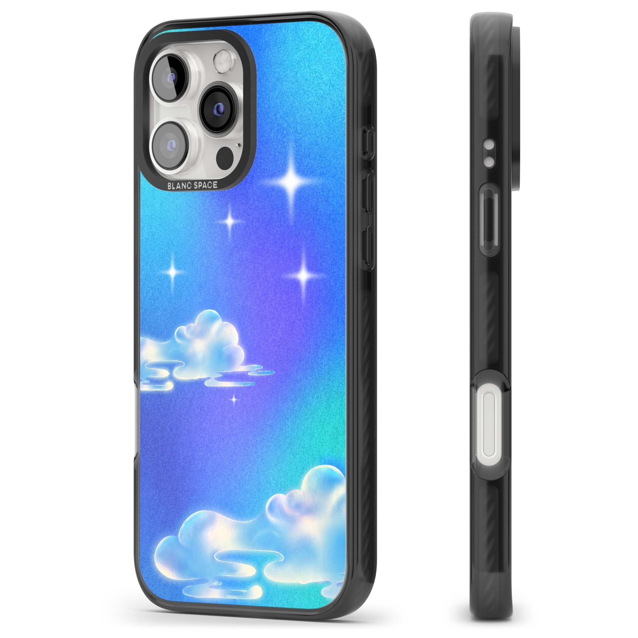 Aurora celestial iPhone case featuring dreamy iridescent clouds, sparkling stars and pastel blue purple sky | Black Impact case for iPhone 16 Pro, iPhone 16 Pro Max