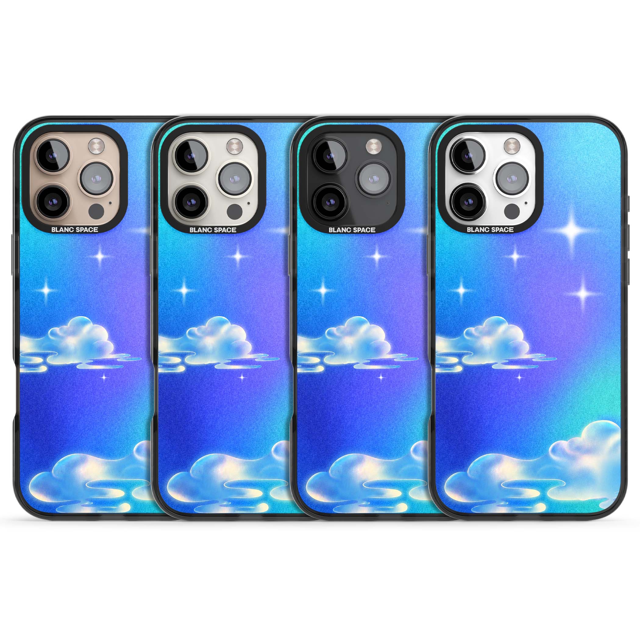 Aurora celestial iPhone case featuring dreamy iridescent clouds, sparkling stars and pastel blue purple sky | Black Impact case for iPhone 16 Pro, iPhone 16 Pro Max