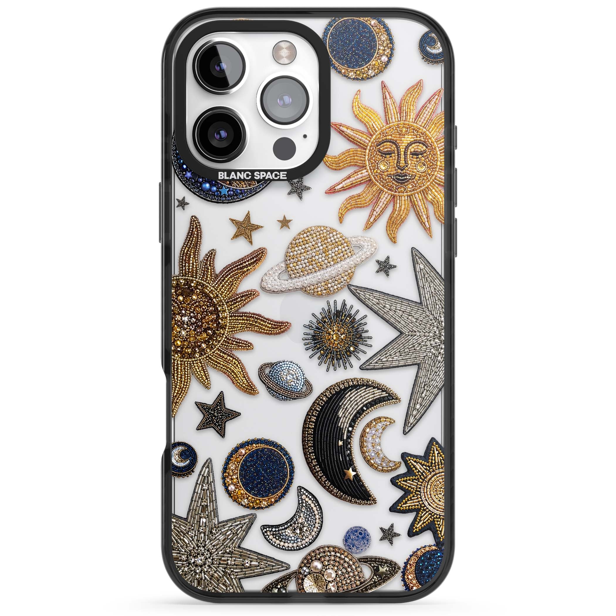 Beaded Cosmos celestial iPhone case featuring embroidered golden suns, beaded planets and silver shooting stars | Black Impact case for iPhone 16 Pro, iPhone 16 Pro Max