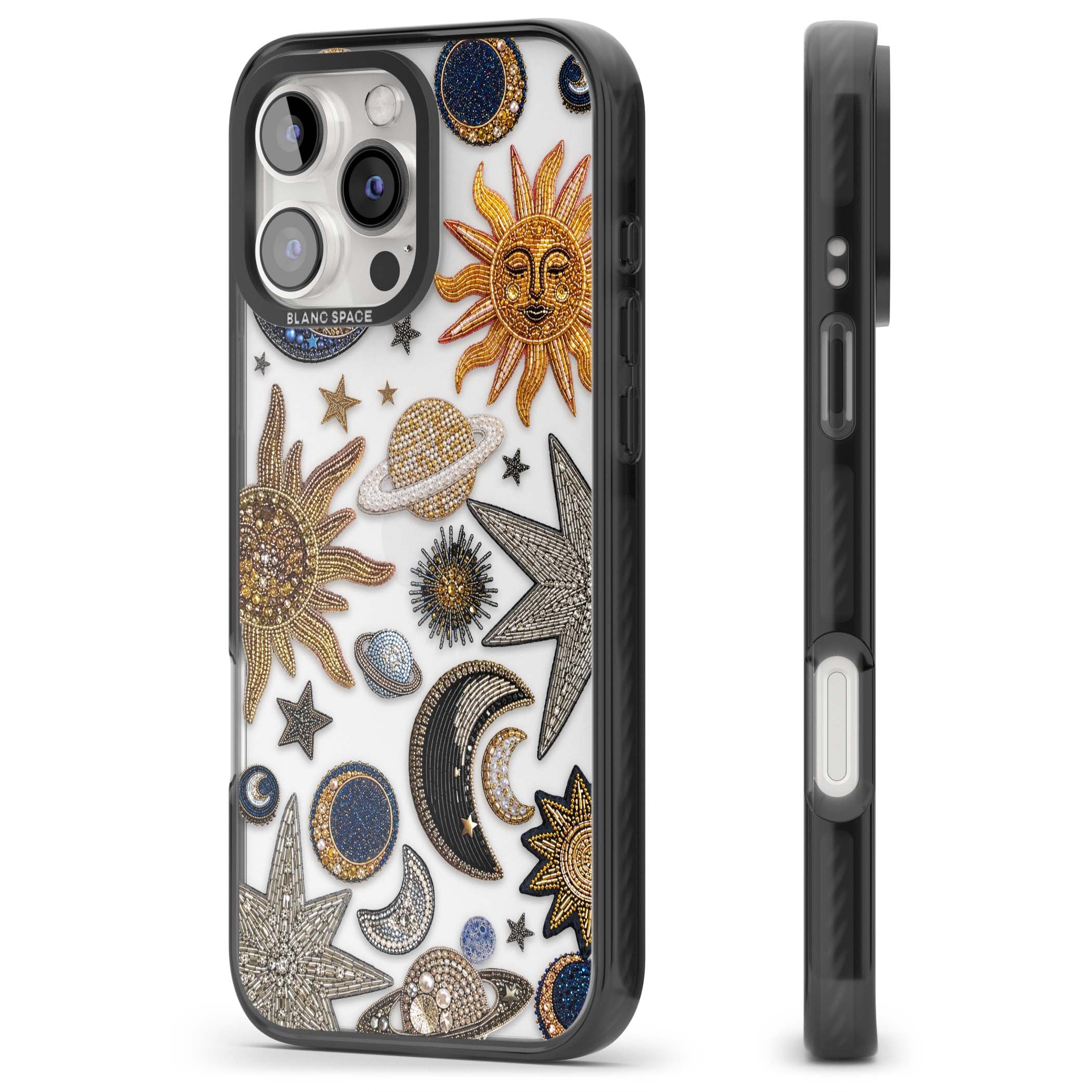 Beaded Cosmos celestial iPhone case featuring embroidered golden suns, beaded planets and silver shooting stars | Black Impact case for iPhone 16 Pro, iPhone 16 Pro Max