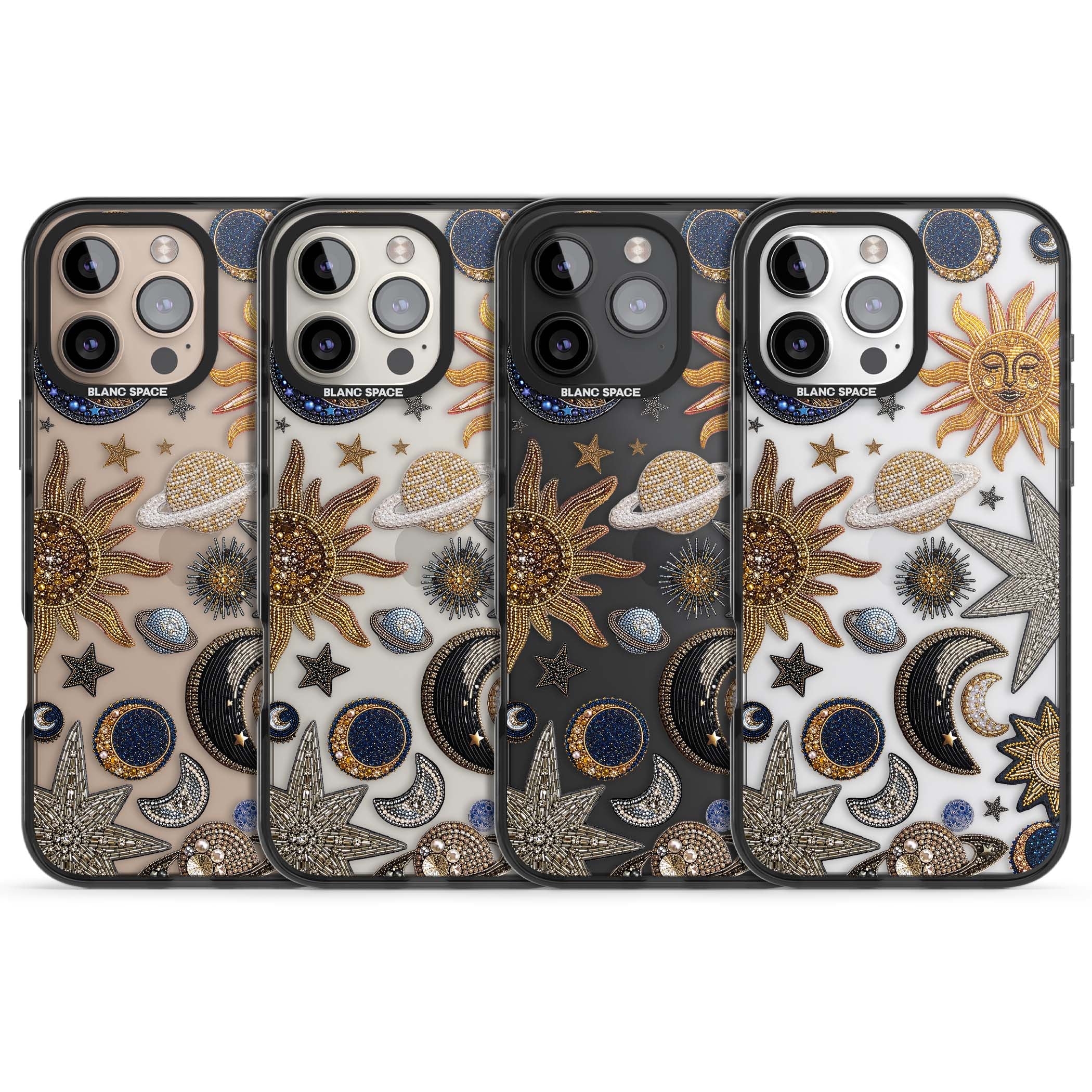 Beaded Cosmos celestial iPhone case featuring embroidered golden suns, beaded planets and silver shooting stars | Black Impact case for iPhone 16 Pro, iPhone 16 Pro Max