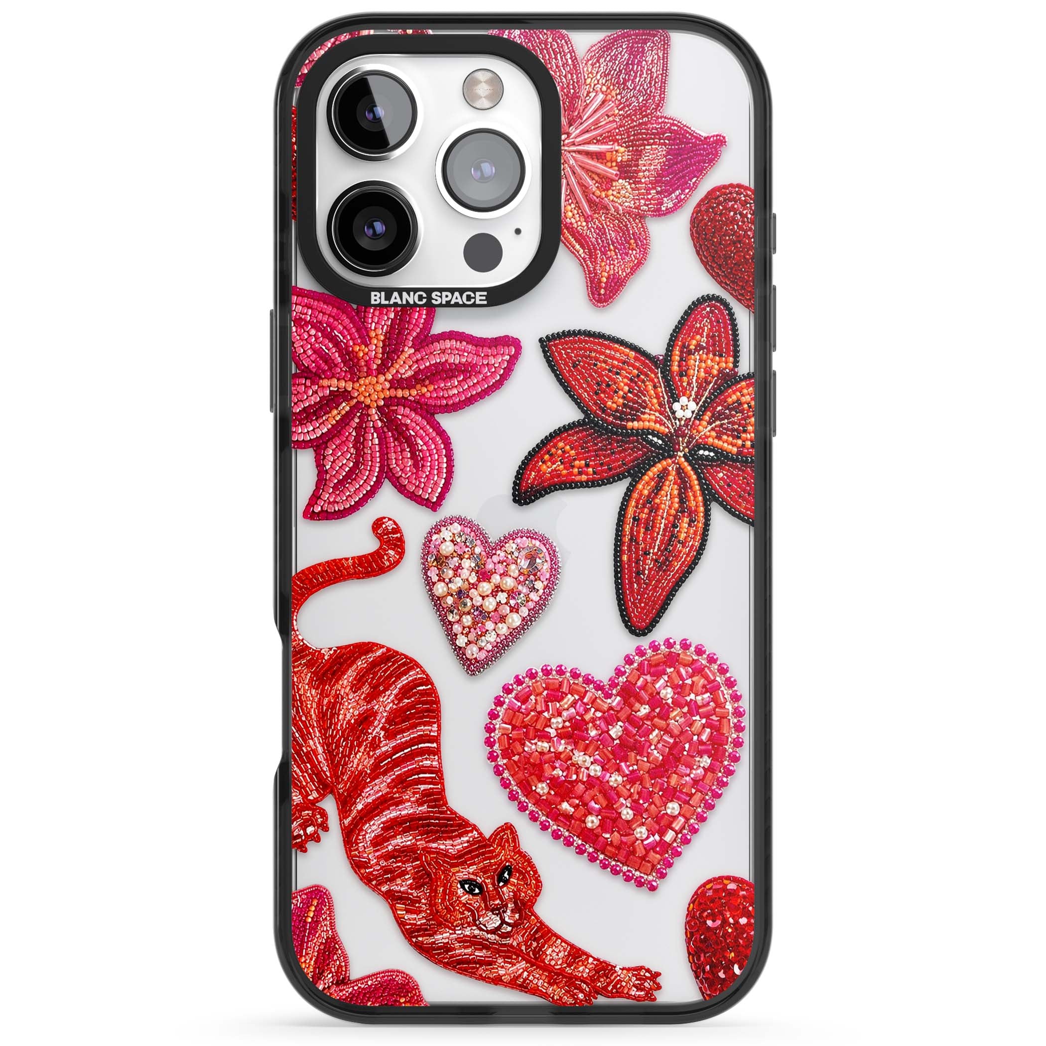 Beaded Boho floral iPhone case featuring beaded red lilies, a stitched tiger, and pearl-encrusted hearts on clear | Black Impact case for iPhone 16 Pro, iPhone 16 Pro Max